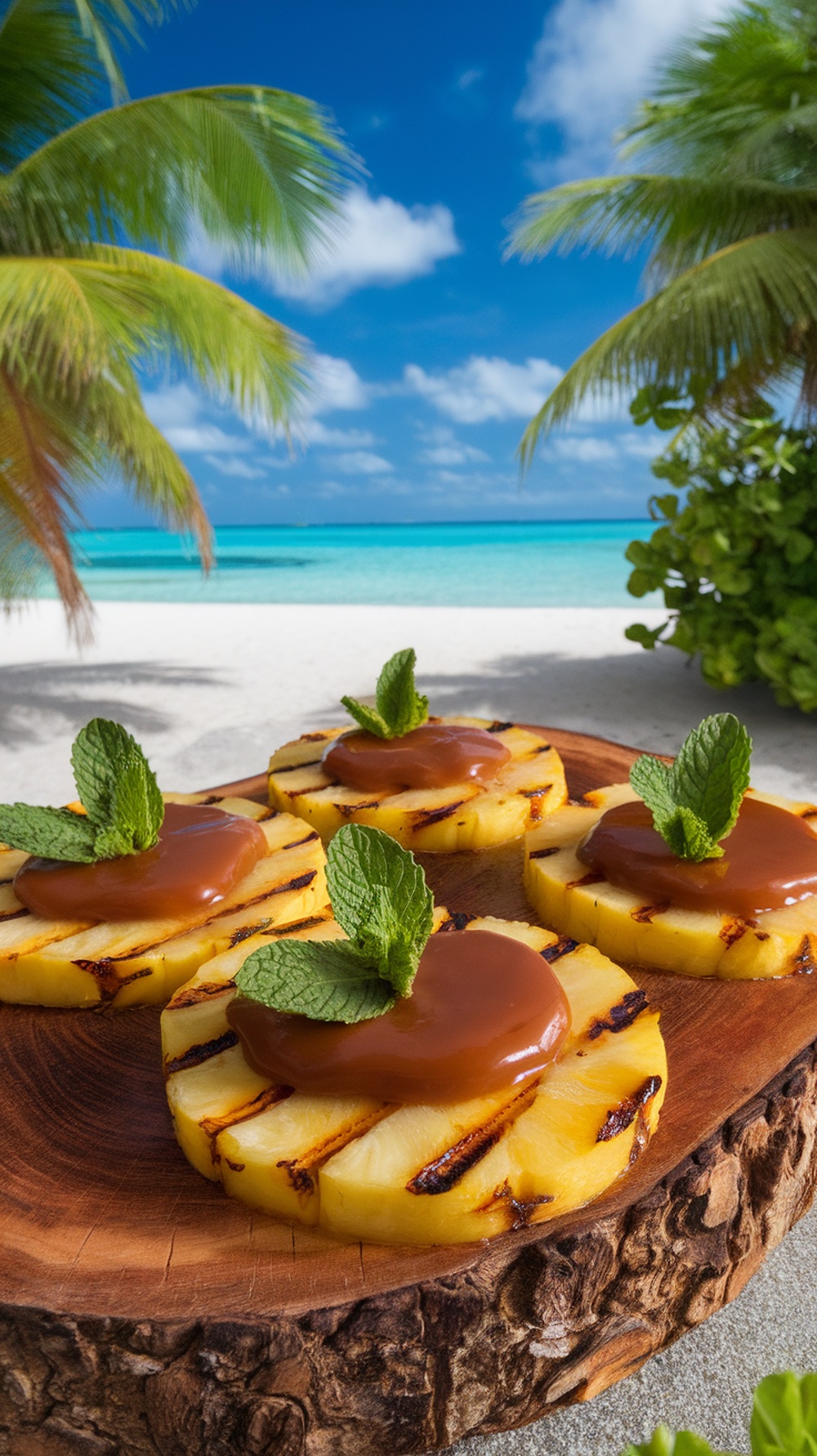 Grilled pineapple slices with rum caramel sauce and mint leaves on a wooden platter, set against a tropical beach background.