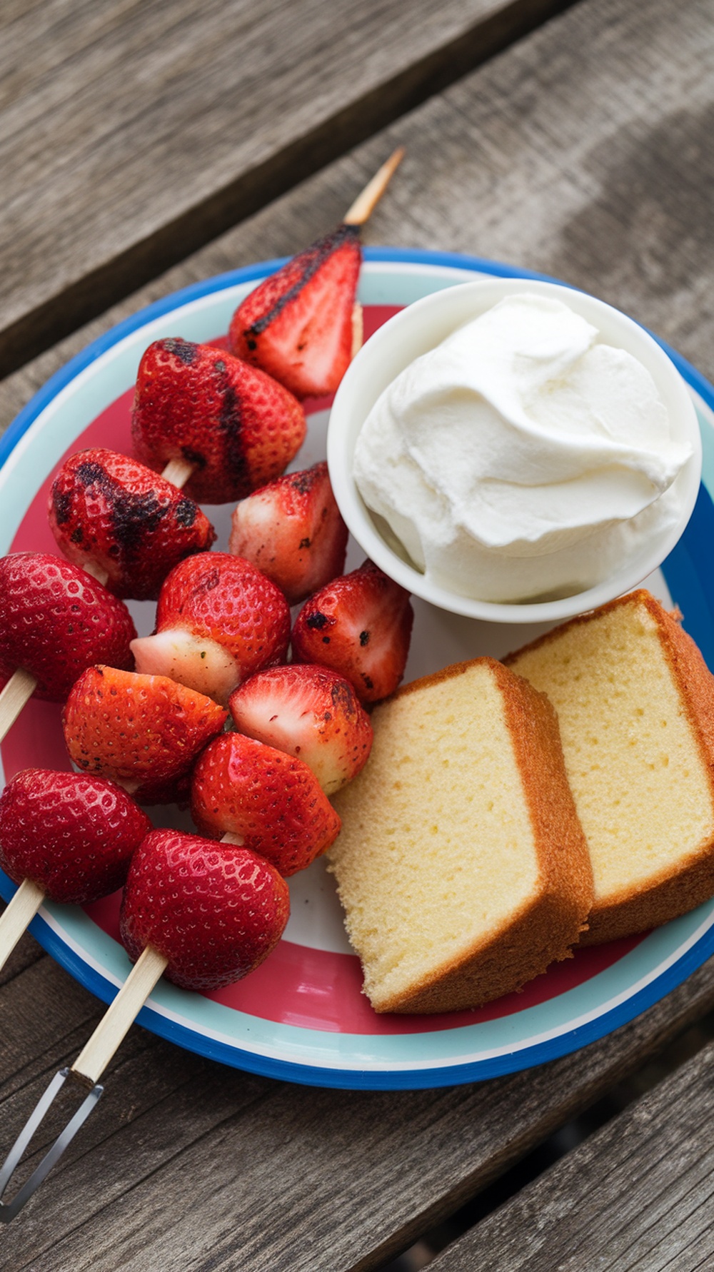 Grilled Strawberry Shortcake Skewers with whipped cream and pound cake on a plate