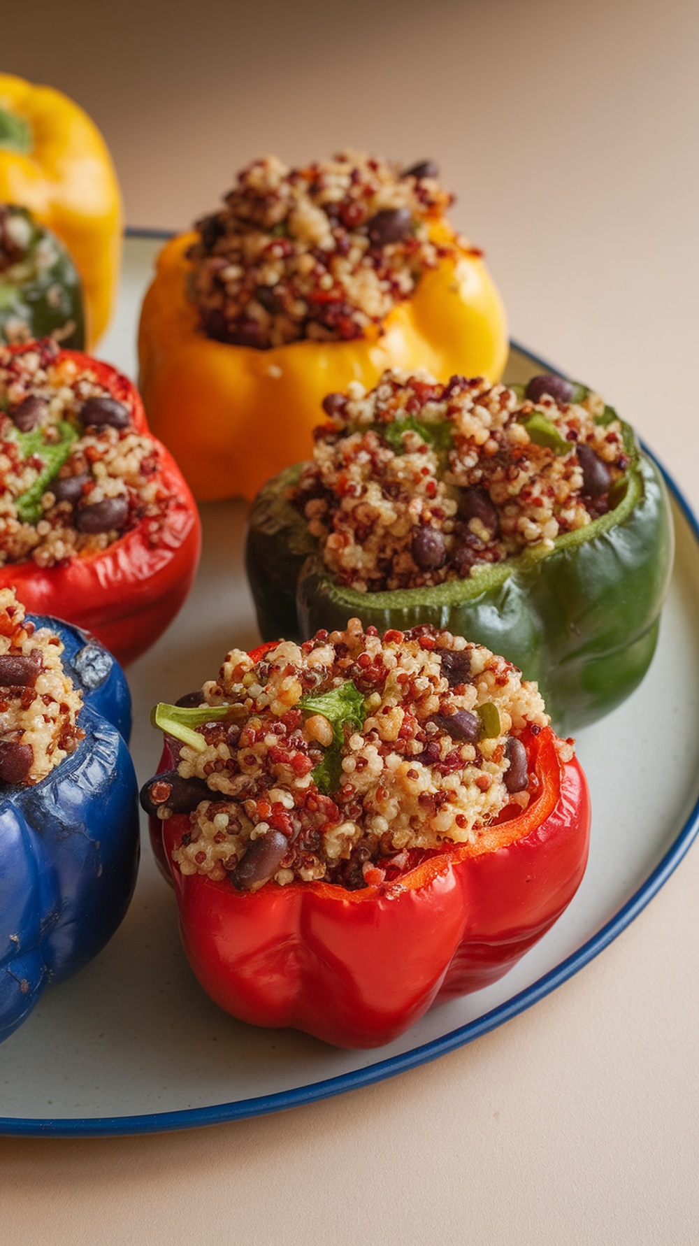 Colorful grilled stuffed bell peppers filled with quinoa and black beans on a plate.