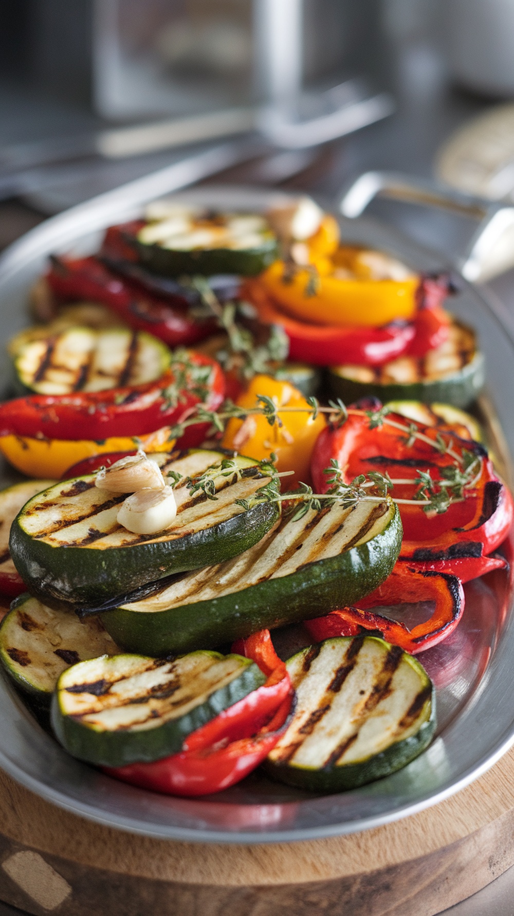 A colorful platter of grilled zucchini and bell peppers garnished with garlic and thyme.