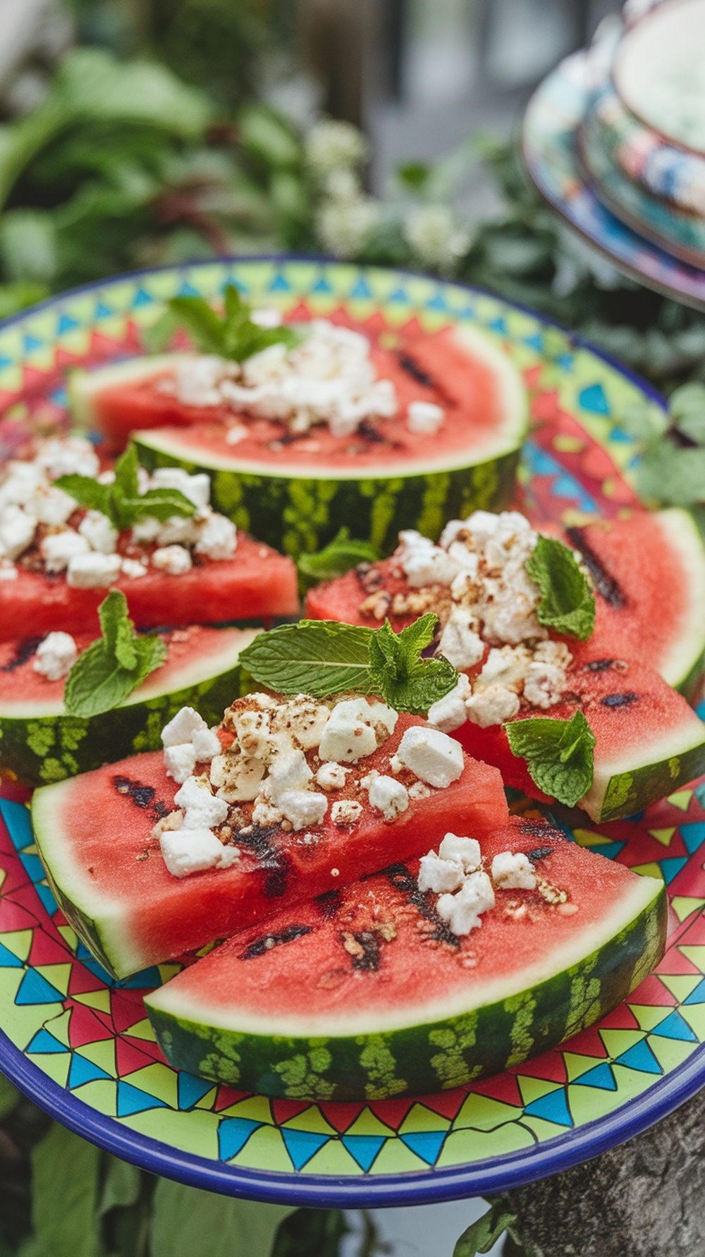 Grilled watermelon slices topped with feta cheese and mint on a colorful plate