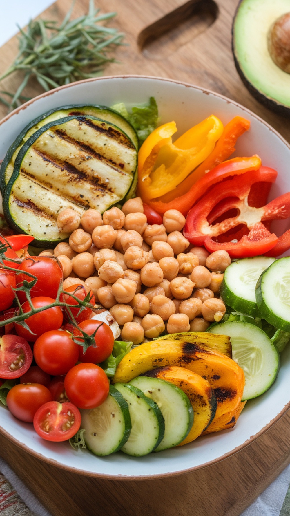 A colorful Buddha bowl featuring grilled zucchini, chickpeas, and various fresh vegetables.
