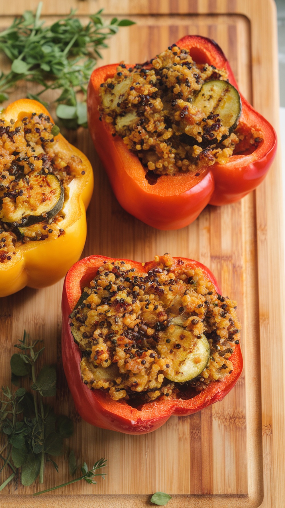 Grilled zucchini and quinoa stuffed peppers on a wooden cutting board