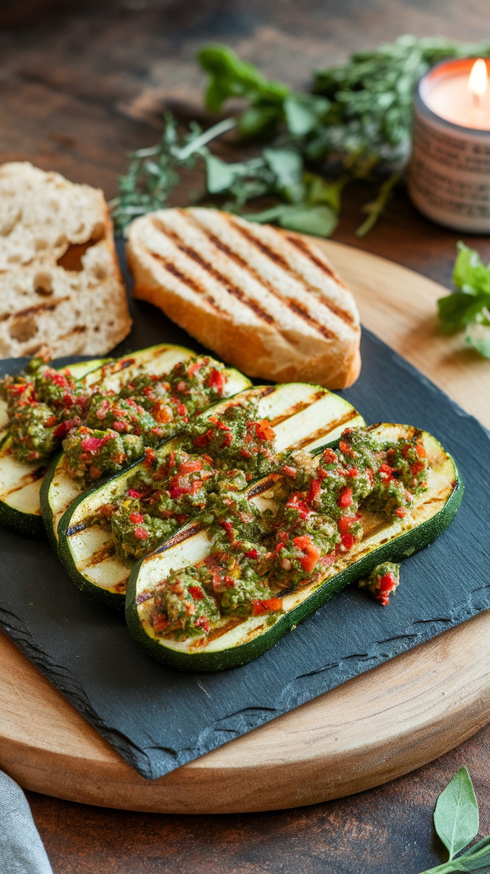 Grilled zucchini slices topped with chimichurri sauce on a slate plate, with grilled bread on the side.