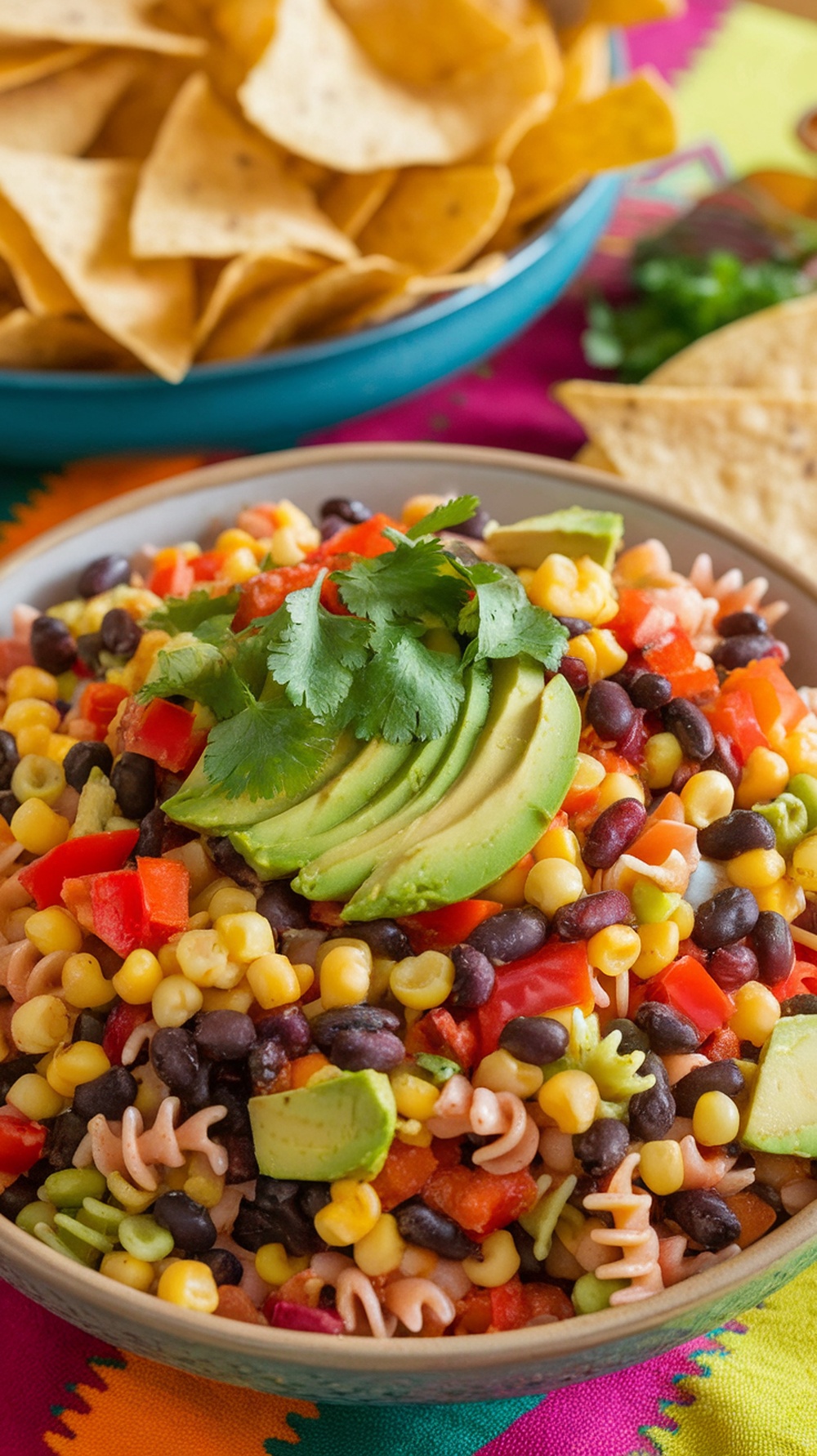 A colorful bowl of Southwest pasta salad with black beans, corn, and avocado on top.