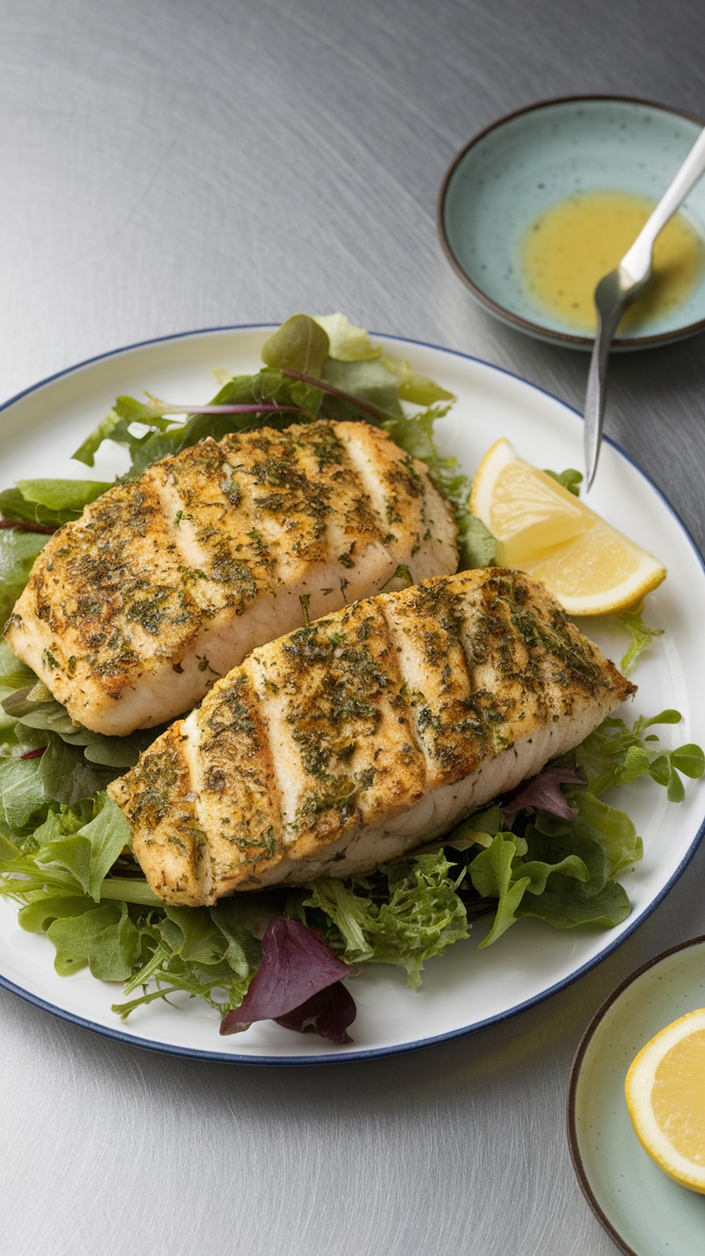 Herb-Crusted Grilled Barramundi served on a plate with salad and lemon wedges.