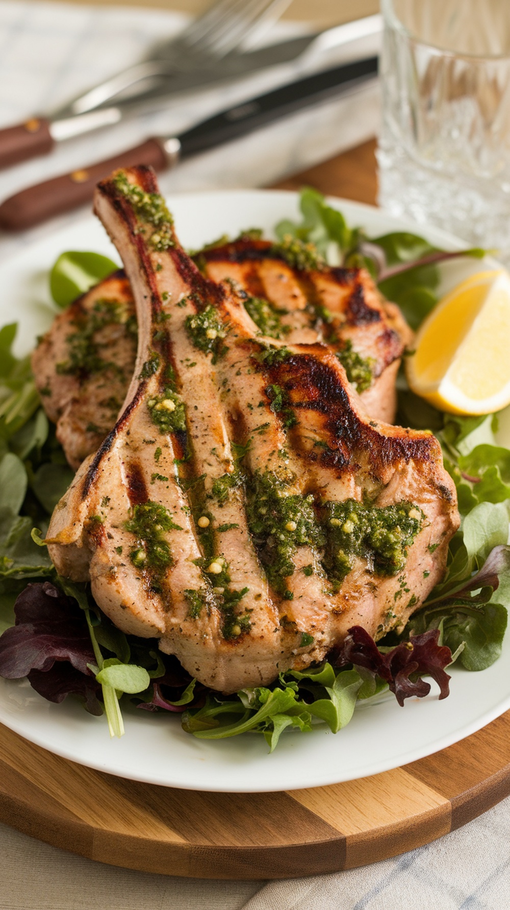 Herb-Crusted Grilled Pork Chops with Chimichurri on a plate with greens