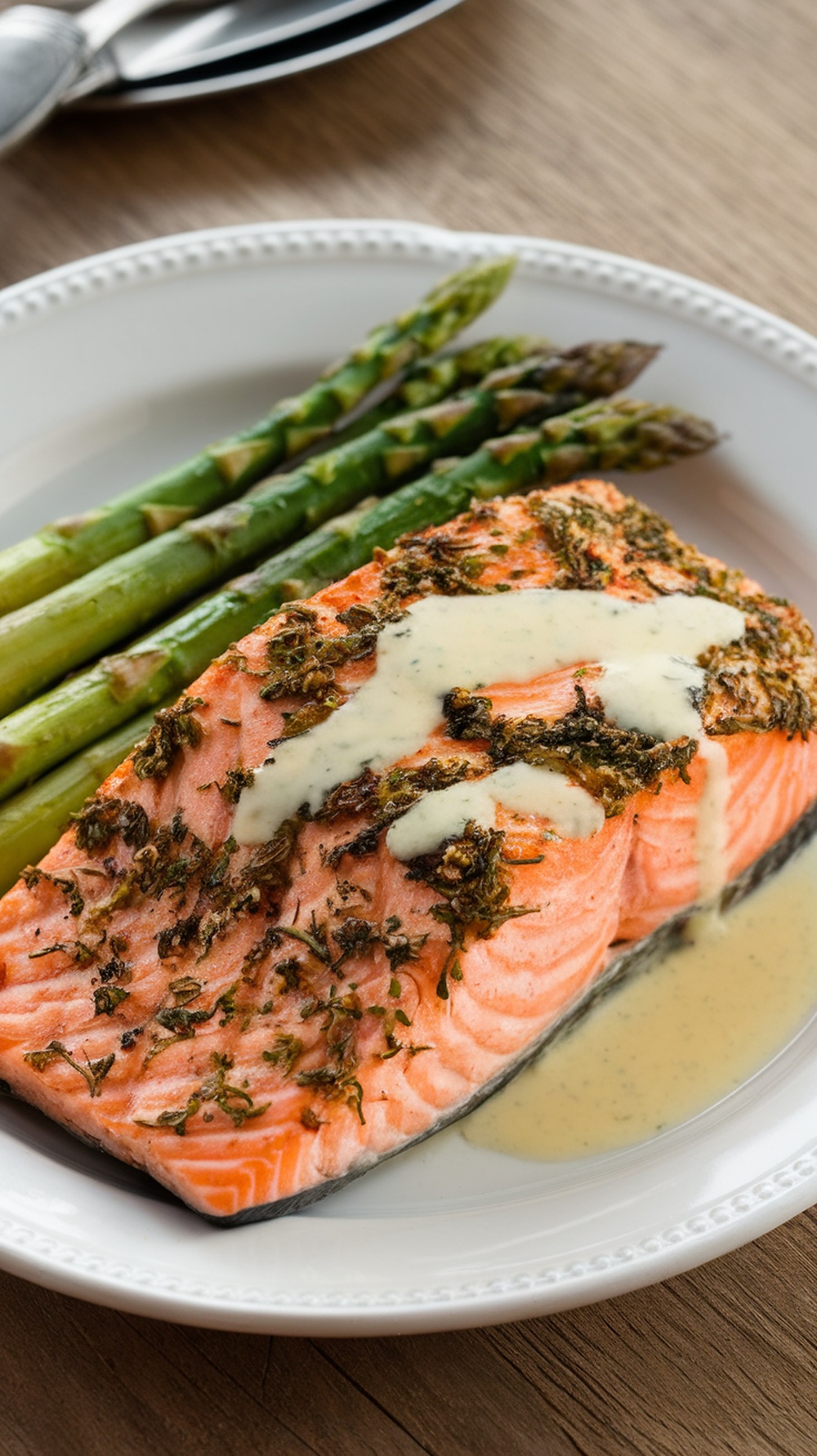 Herb-Crusted Grilled Salmon with Lemon Butter served with asparagus