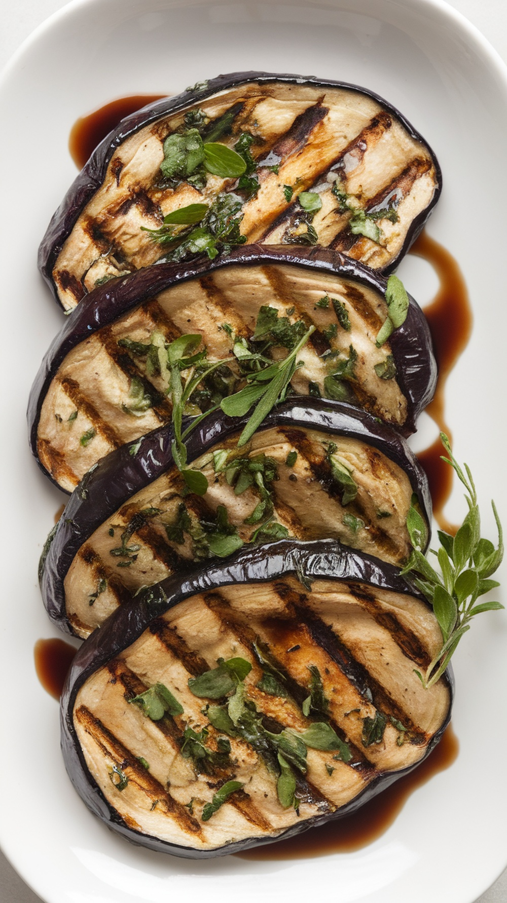 Grilled eggplant slices garnished with herbs on a white plate.