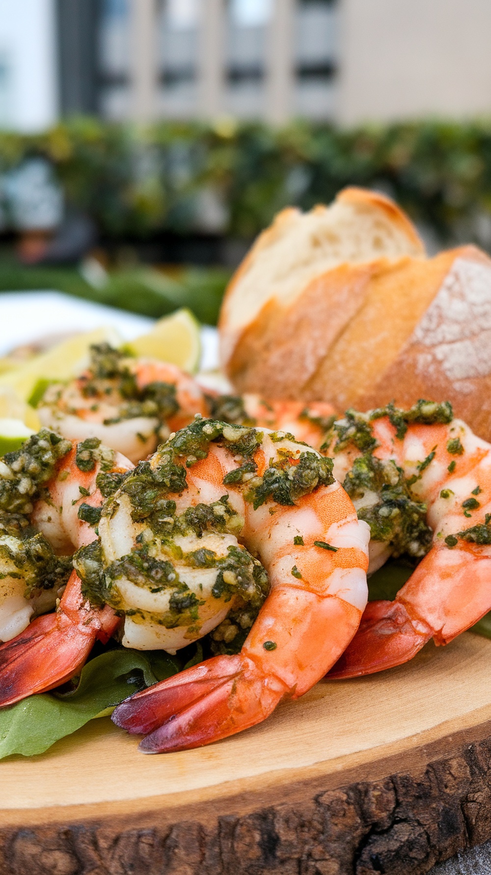 Grilled shrimp topped with chimichurri sauce on a wooden platter with bread and lemon wedges.