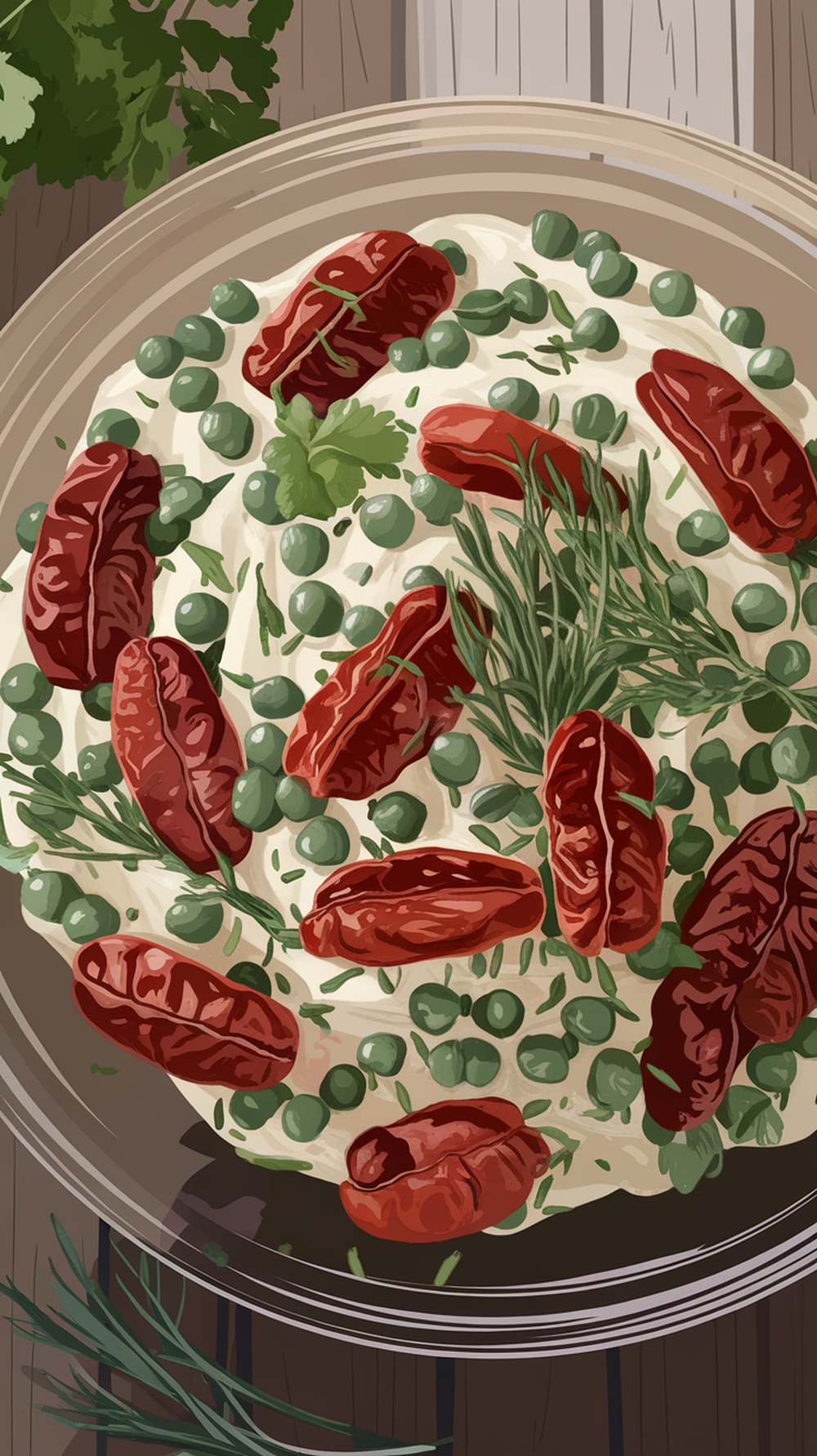 A bowl of Herbed Creamy Pea Salad with Sun-Dried Tomatoes, featuring peas, sun-dried tomatoes, and fresh herbs.