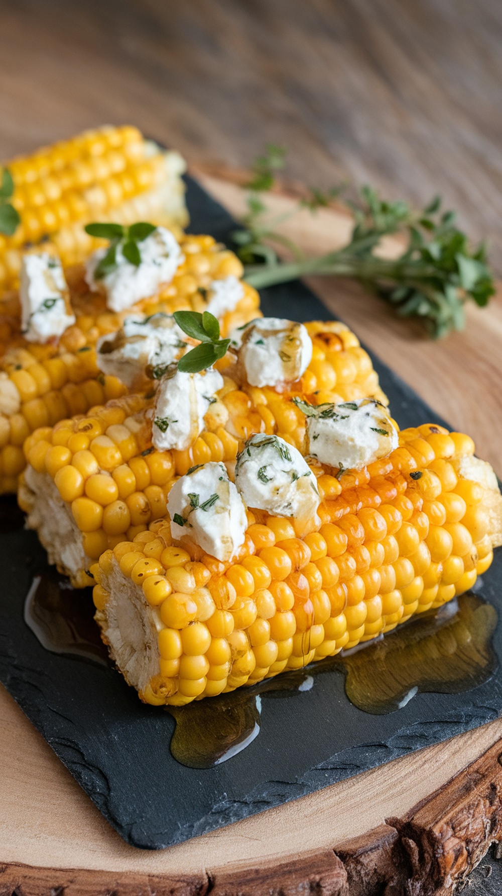 Grilled corn on the cob topped with herbed goat cheese and honey