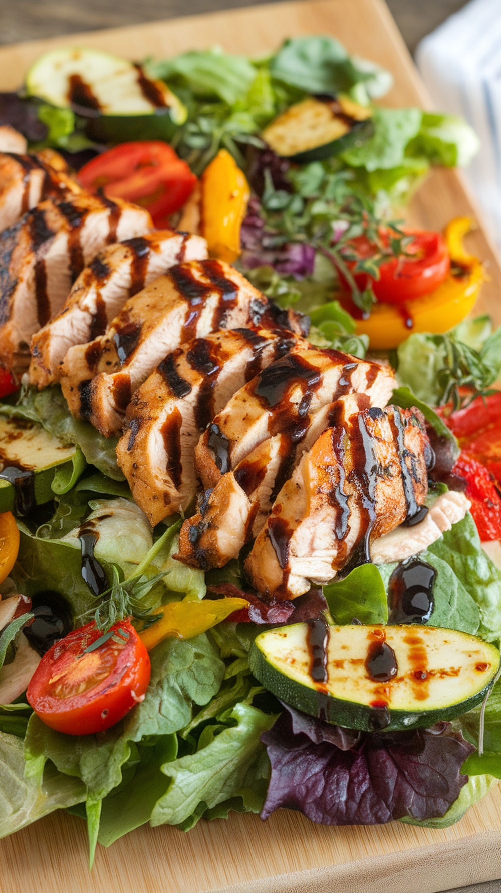 A vibrant herbed grilled chicken salad with roasted vegetables on a wooden board.