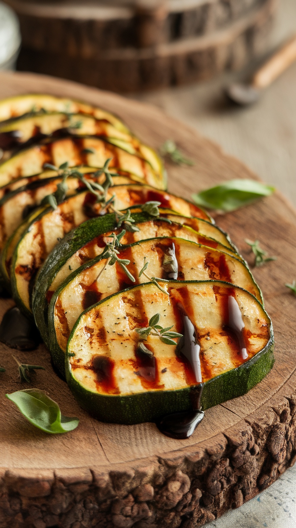 Grilled zucchini slices drizzled with balsamic glaze and garnished with herbs on a wooden board.