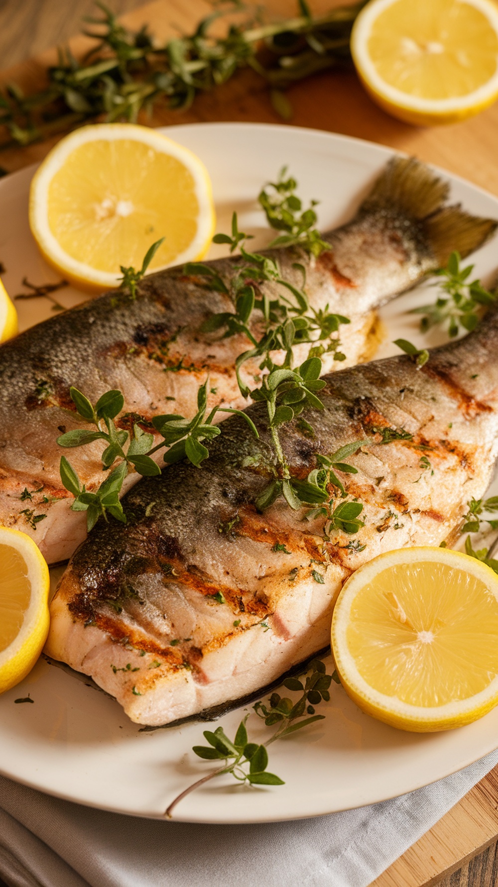 Grilled trout garnished with herbs and lemon slices on a plate