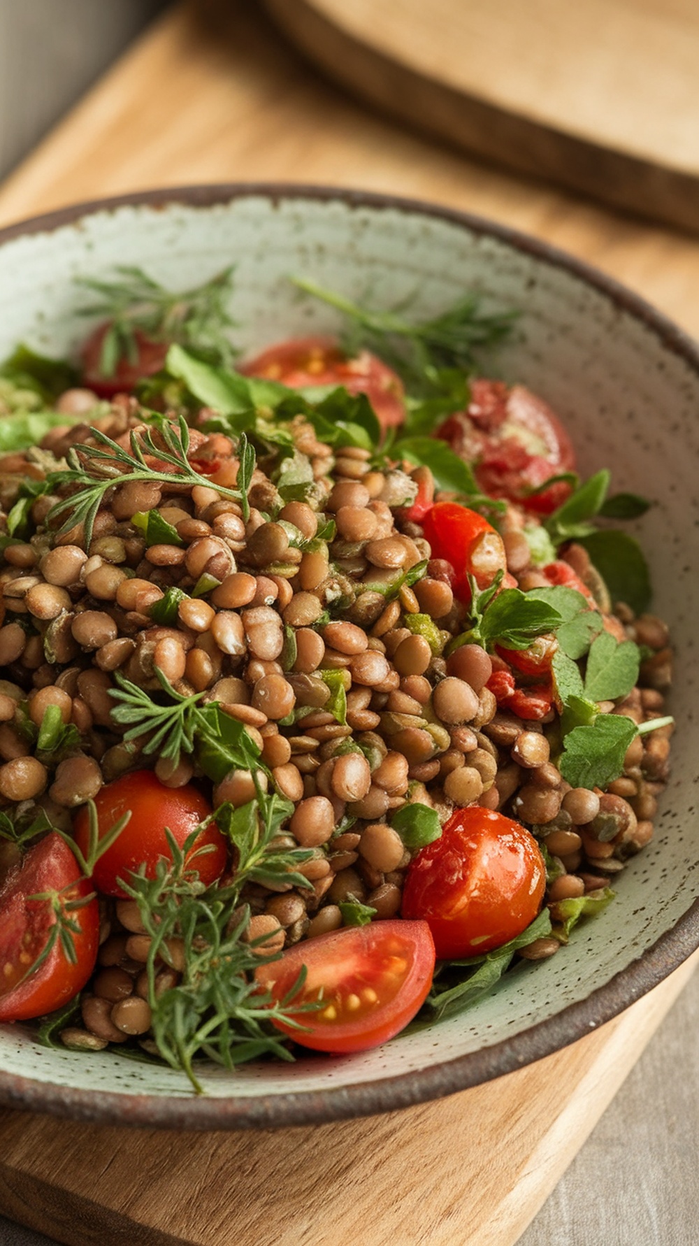 A bowl of herbed lentil salad with cherry tomatoes and fresh herbs.