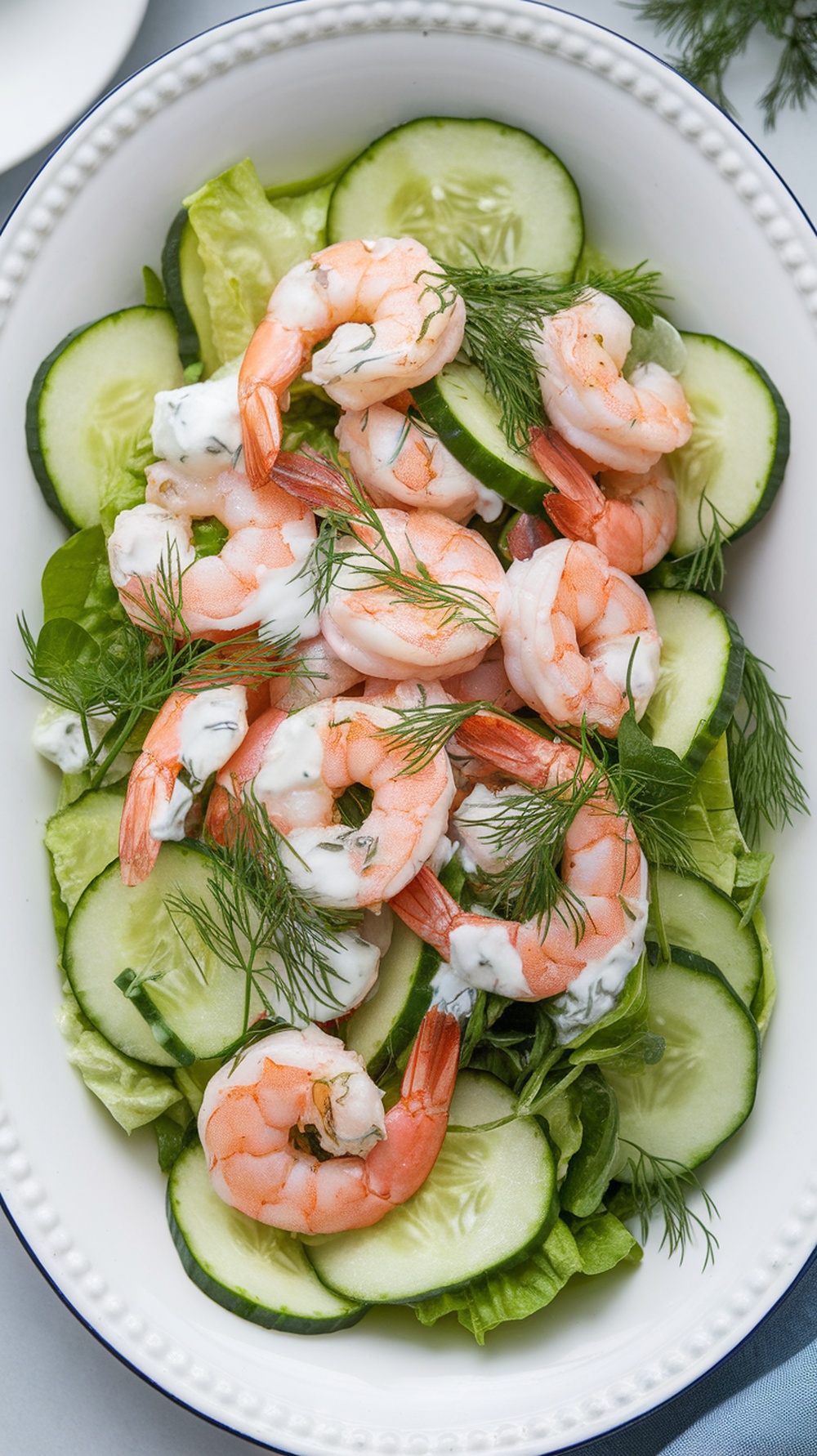 A vibrant herbed shrimp salad featuring shrimp, cucumber, and dill on a bed of greens.