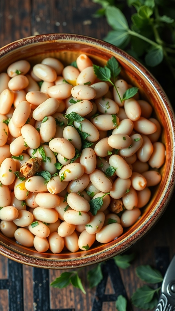 A bowl of Herbed White Bean Salad with Roasted Garlic, garnished with fresh herbs.