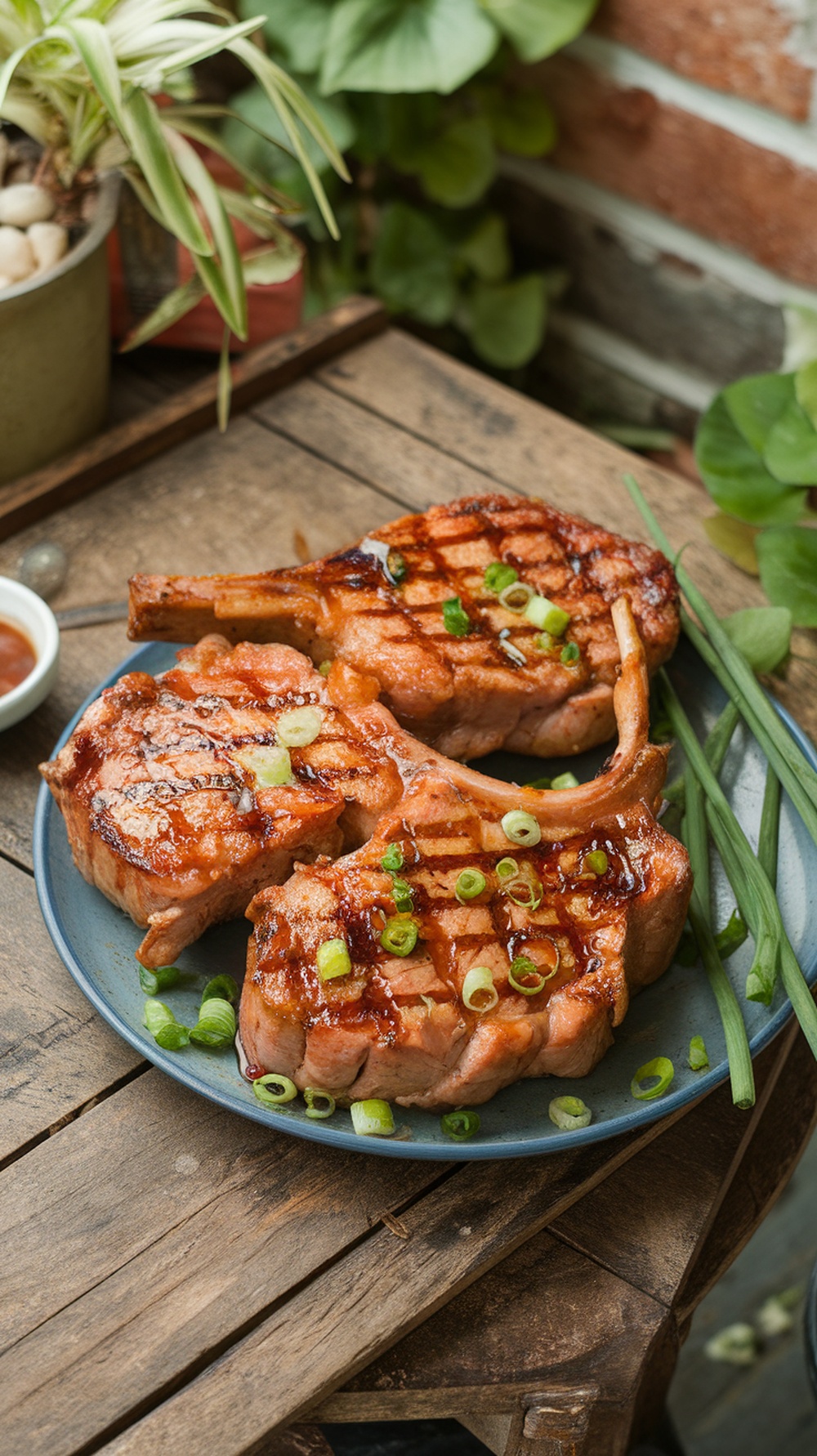 Grilled pork chops with honey garlic glaze on a plate, garnished with green onions.