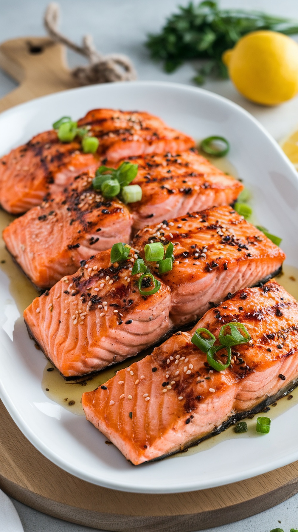 Grilled salmon fillets garnished with green onions and sesame seeds on a white platter.