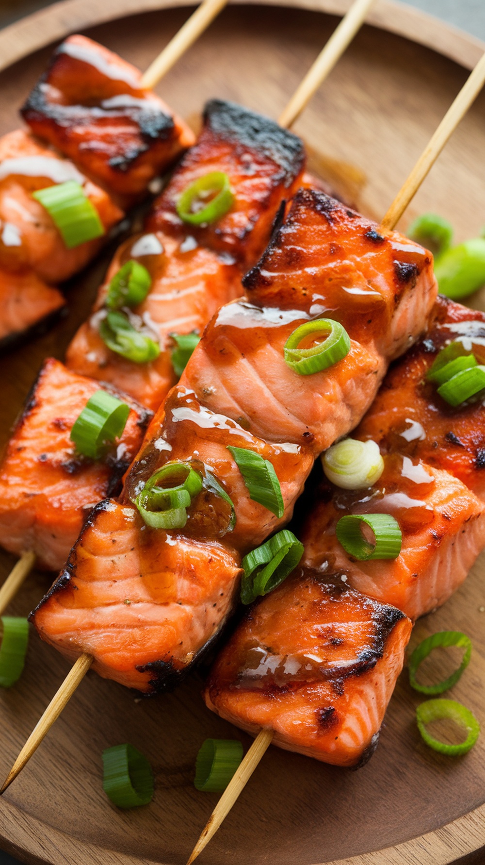 Honey garlic grilled salmon skewers on a wooden plate