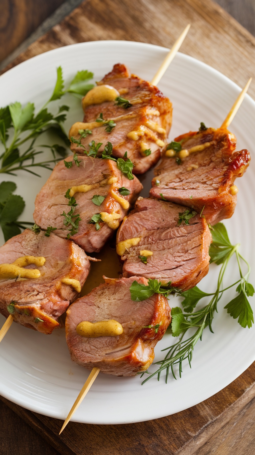 Honey Mustard Glazed Pork Tenderloin Skewers on a plate garnished with herbs