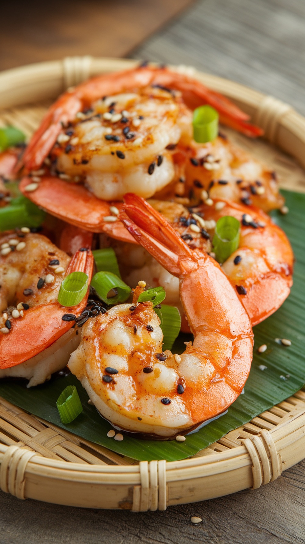 Honey Soy Glazed Grilled Shrimp served on a bamboo plate with sesame seeds and green onions
