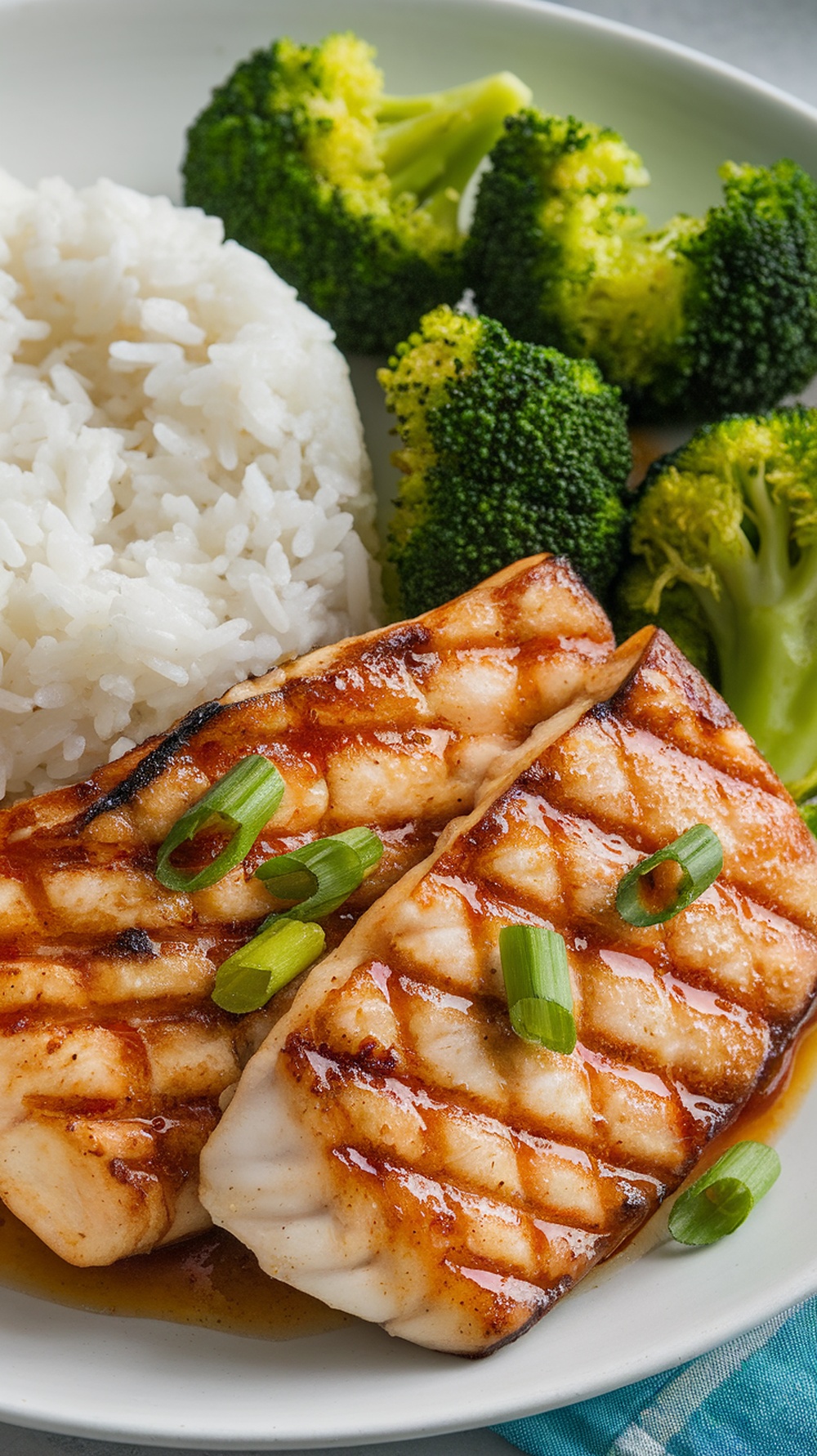 A plate of honey soy grilled mahi-mahi served with rice and broccoli.