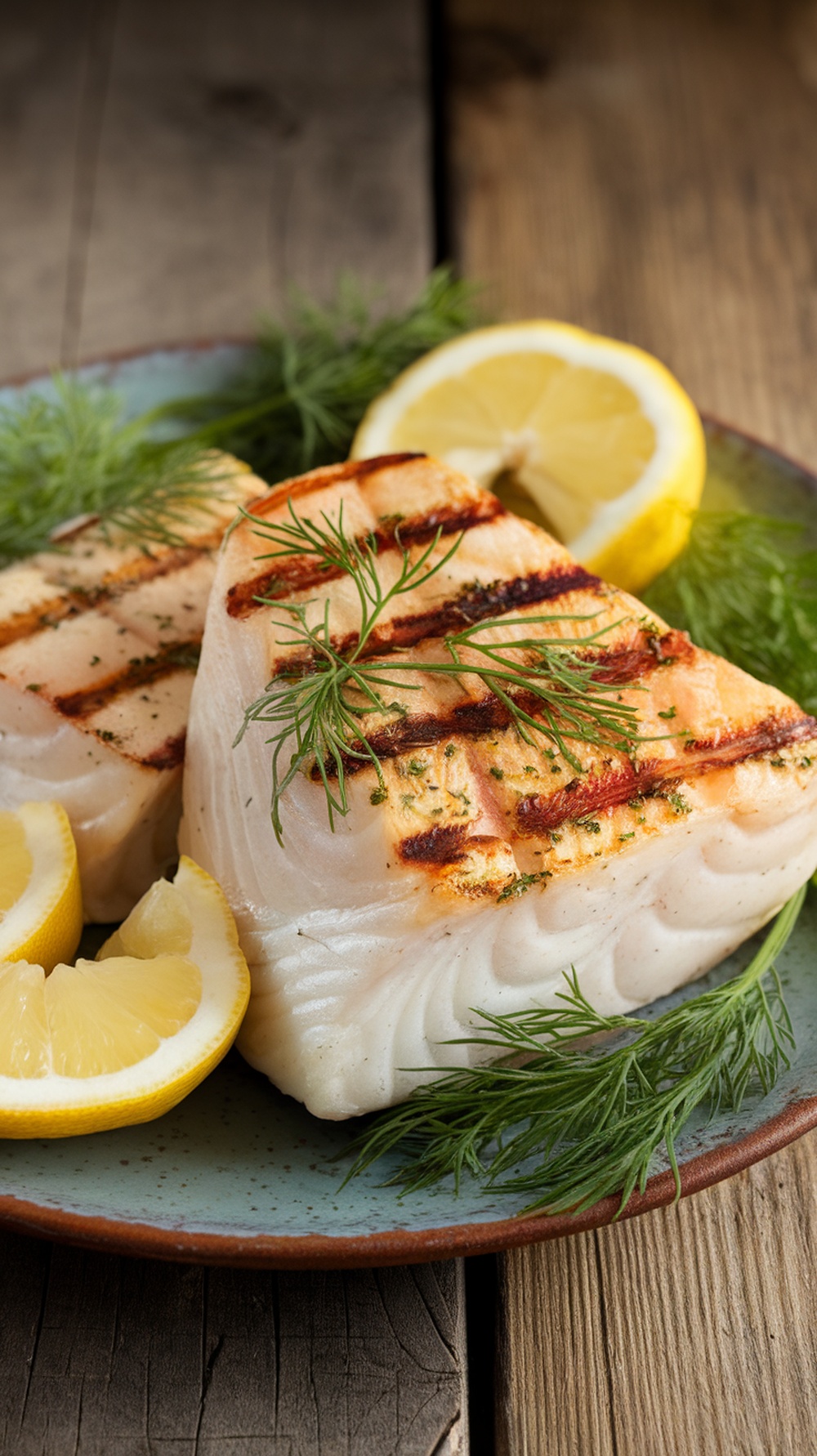 Grilled Arctic char fillets garnished with dill and lemon slices on a plate.