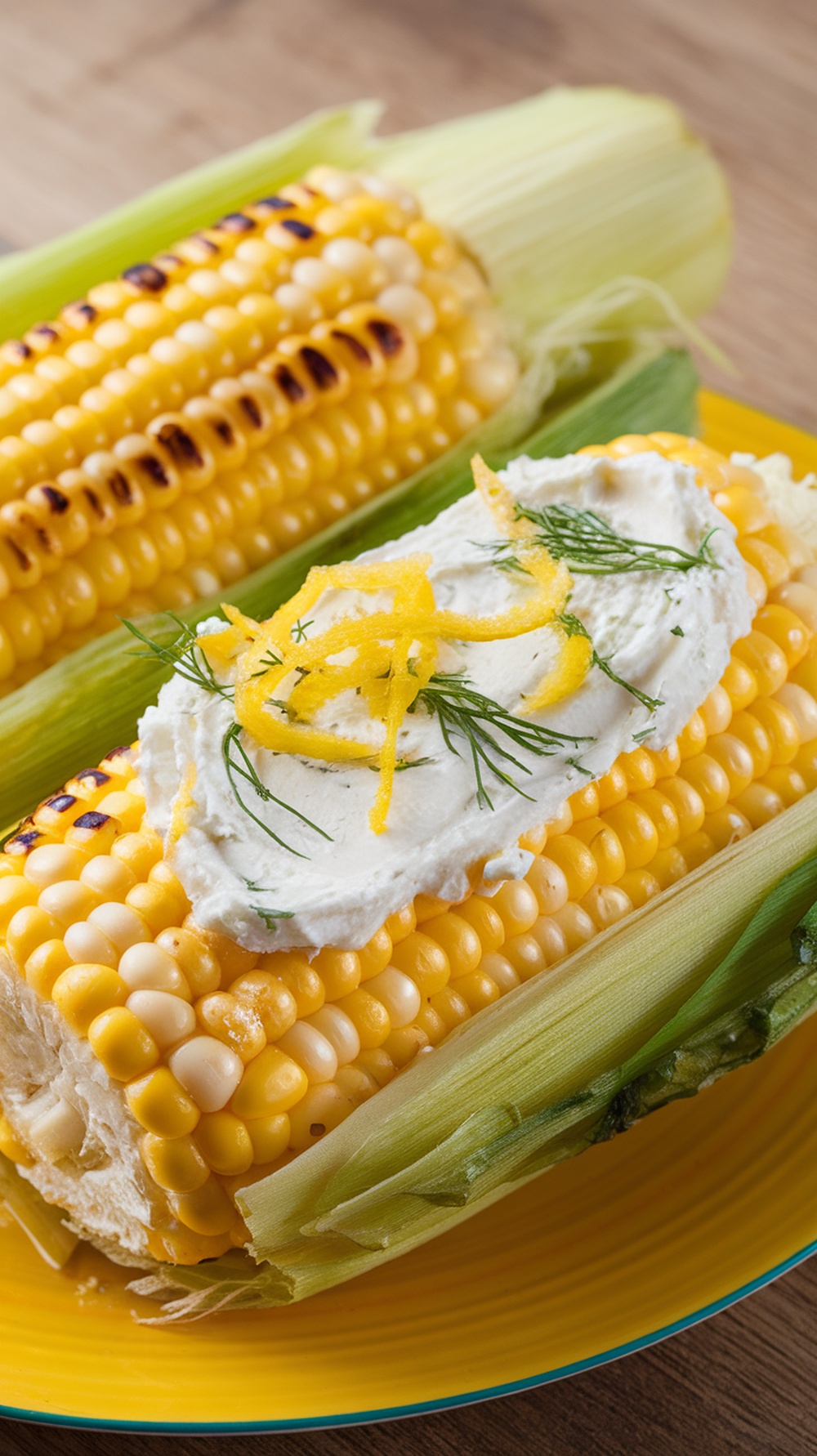 Grilled corn on the cob topped with cream cheese, lemon zest, and dill