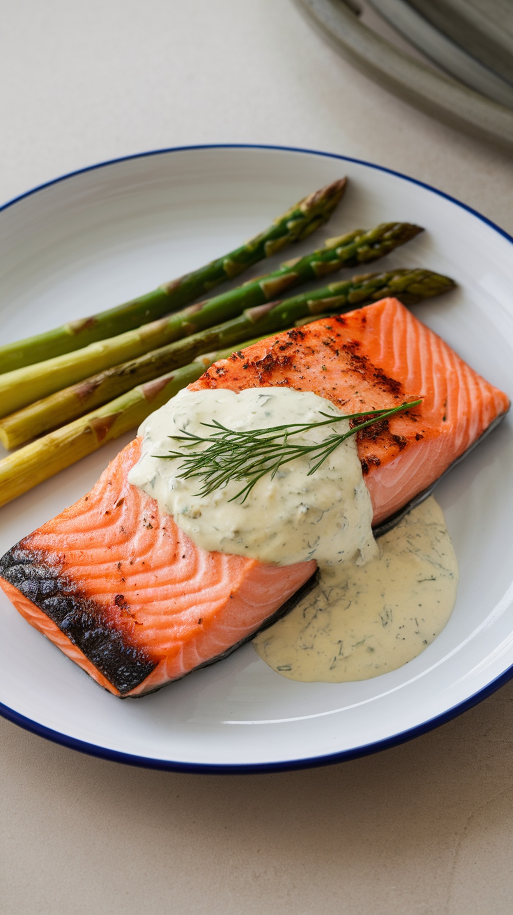 Grilled salmon fillet with lemon dill sauce and asparagus on a plate