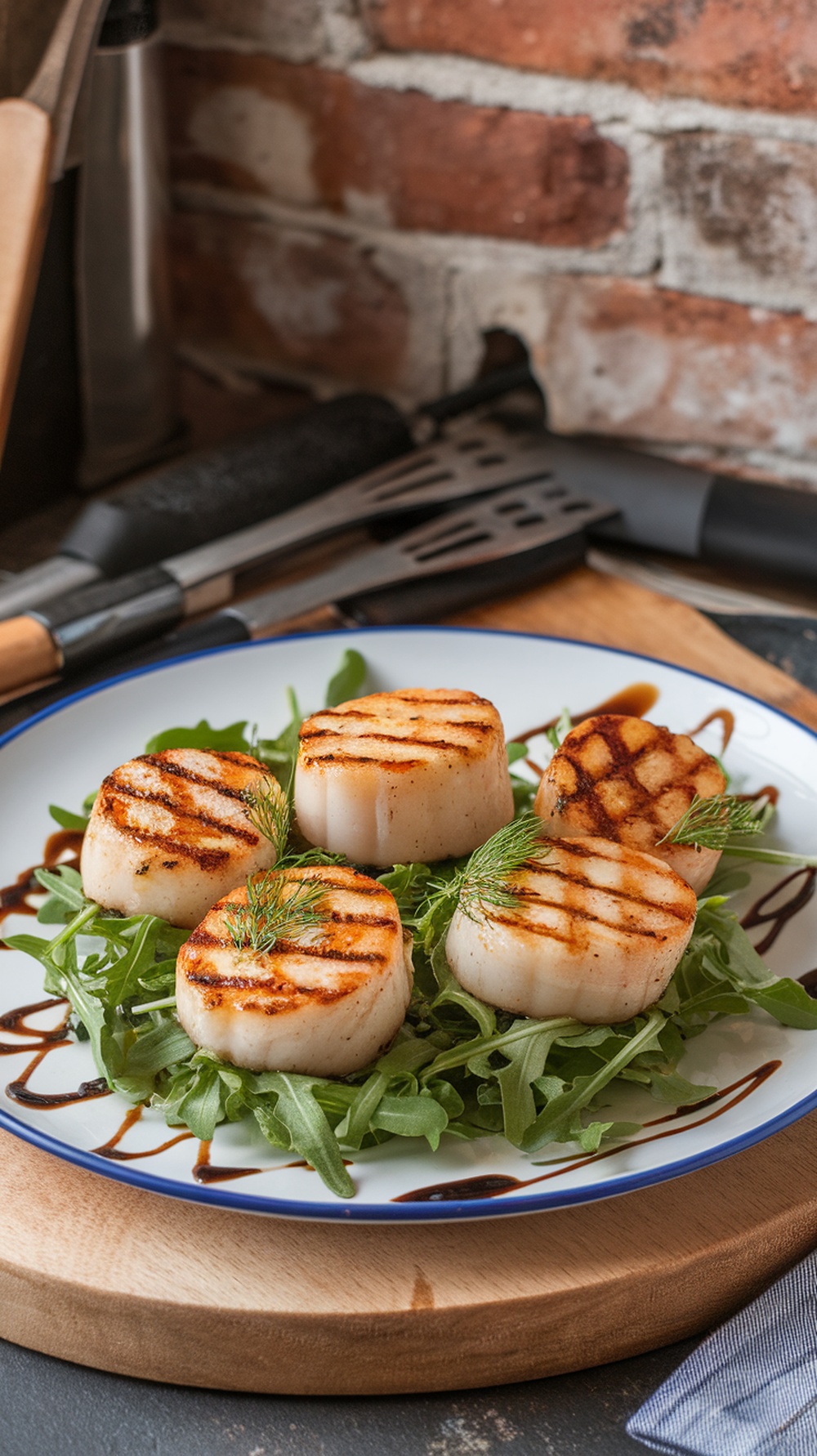 Grilled scallops on a plate with arugula and a drizzle of sauce
