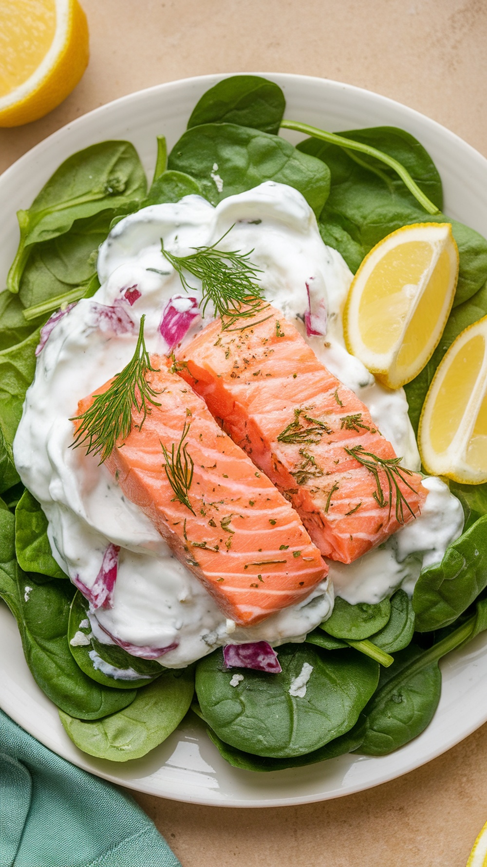 A plate of Lemon Dill Salmon Salad with Greek Yogurt, featuring salmon on a bed of spinach and garnished with lemon wedges.
