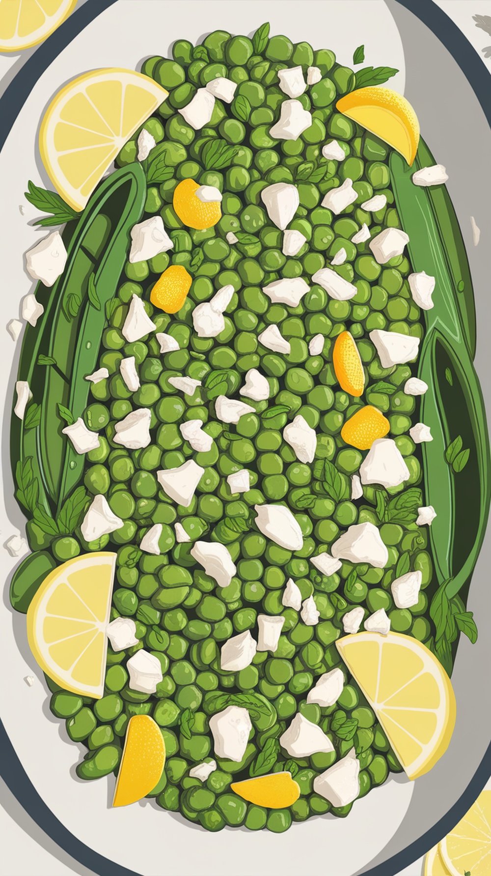 A vibrant Lemon Herb Creamy Pea Salad with Feta, featuring peas, lemon slices, and herbs.