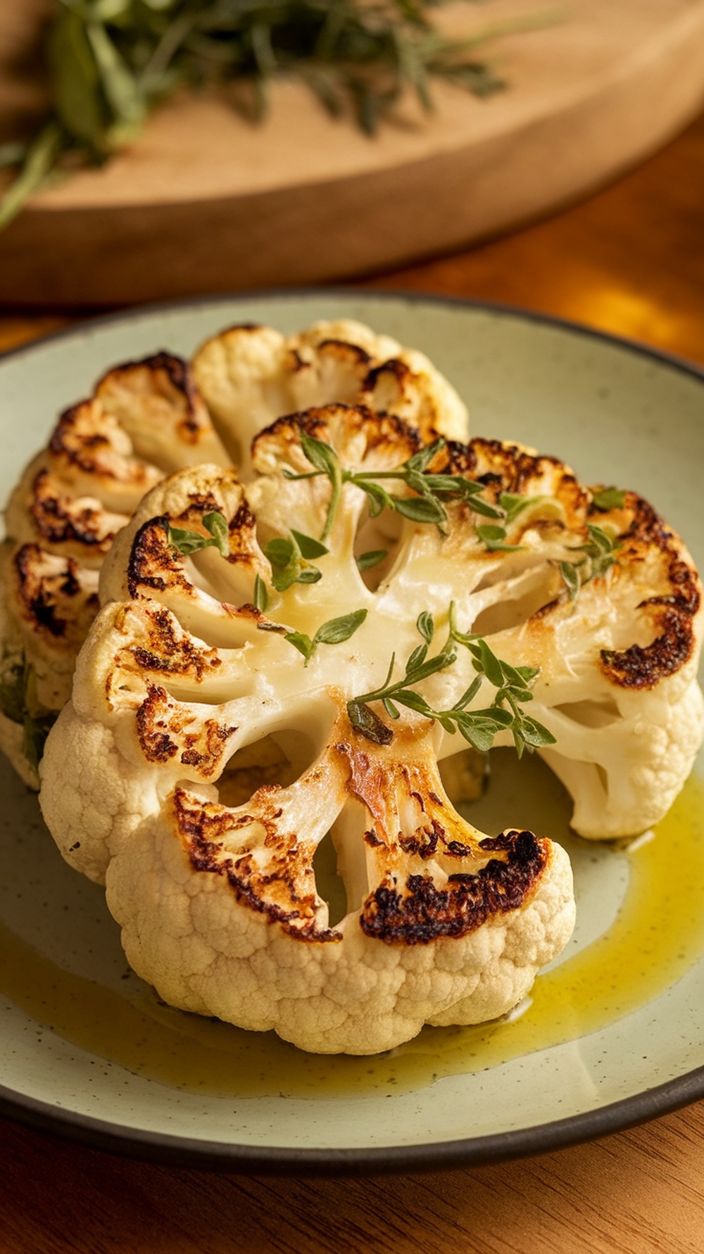 Grilled cauliflower steaks garnished with herbs on a plate