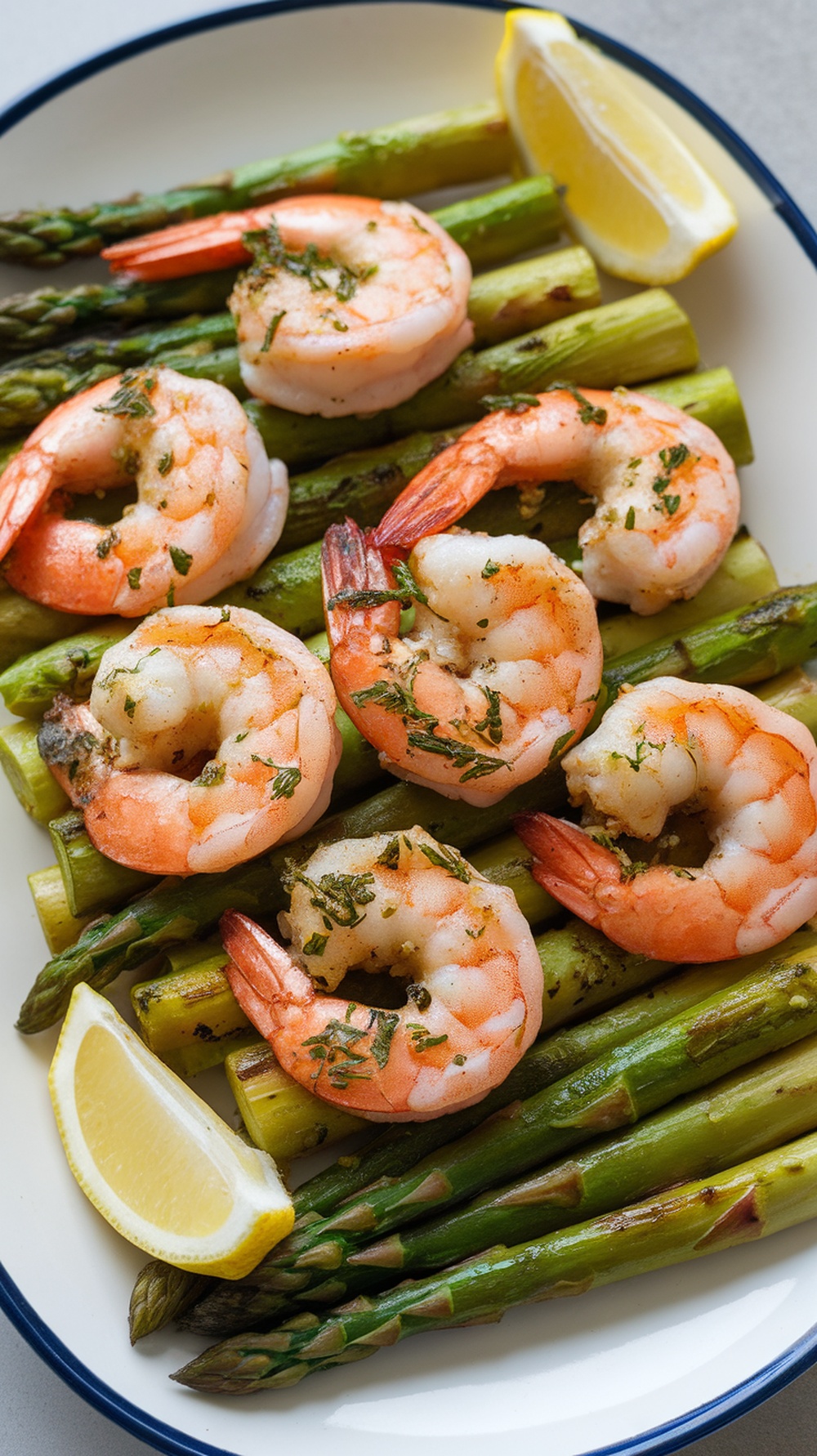 A plate of Lemon Herb Grilled Shrimp with Asparagus, garnished with lemon wedges.