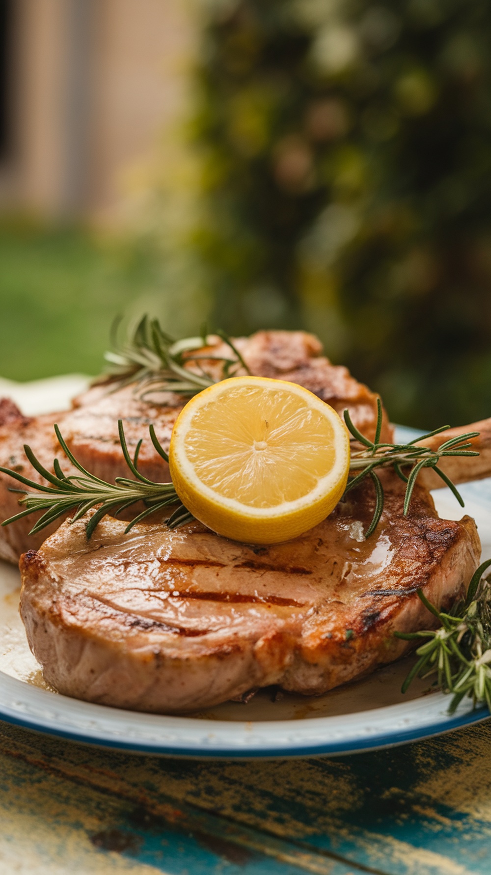 Grilled pork chops garnished with lemon and rosemary