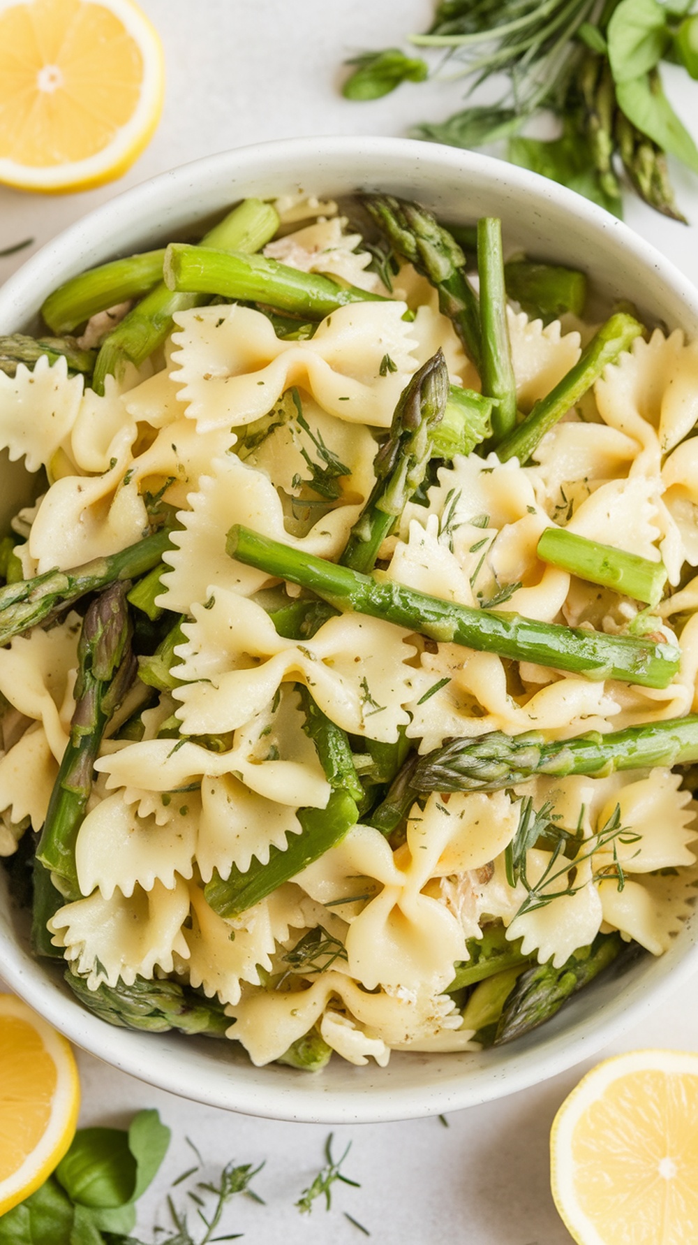 A bowl of lemon herb pasta salad with asparagus, featuring farfalle pasta, fresh herbs, and lemon slices.
