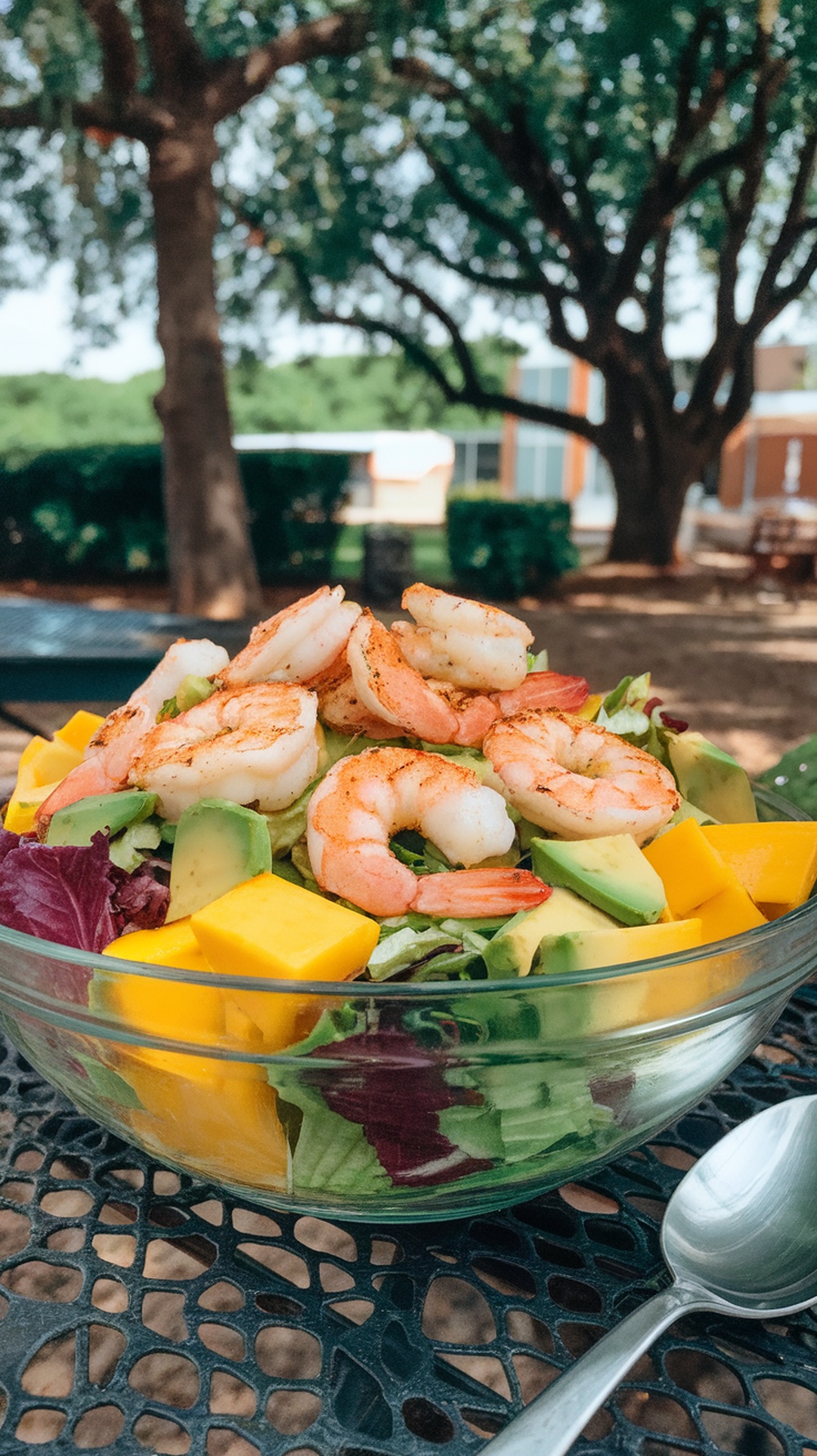 A vibrant Mango Avocado Grilled Shrimp Salad in a clear bowl, featuring grilled shrimp, diced mango, avocado, and mixed greens, set outdoors.