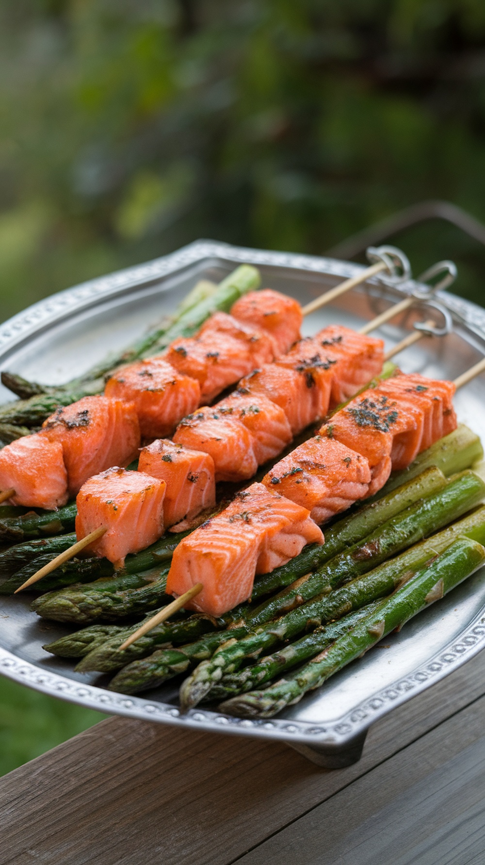 Maple glazed salmon and asparagus skewers on a silver platter