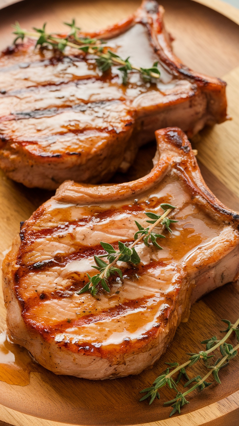 Two grilled pork chops with a maple mustard glaze and fresh thyme on a wooden plate.