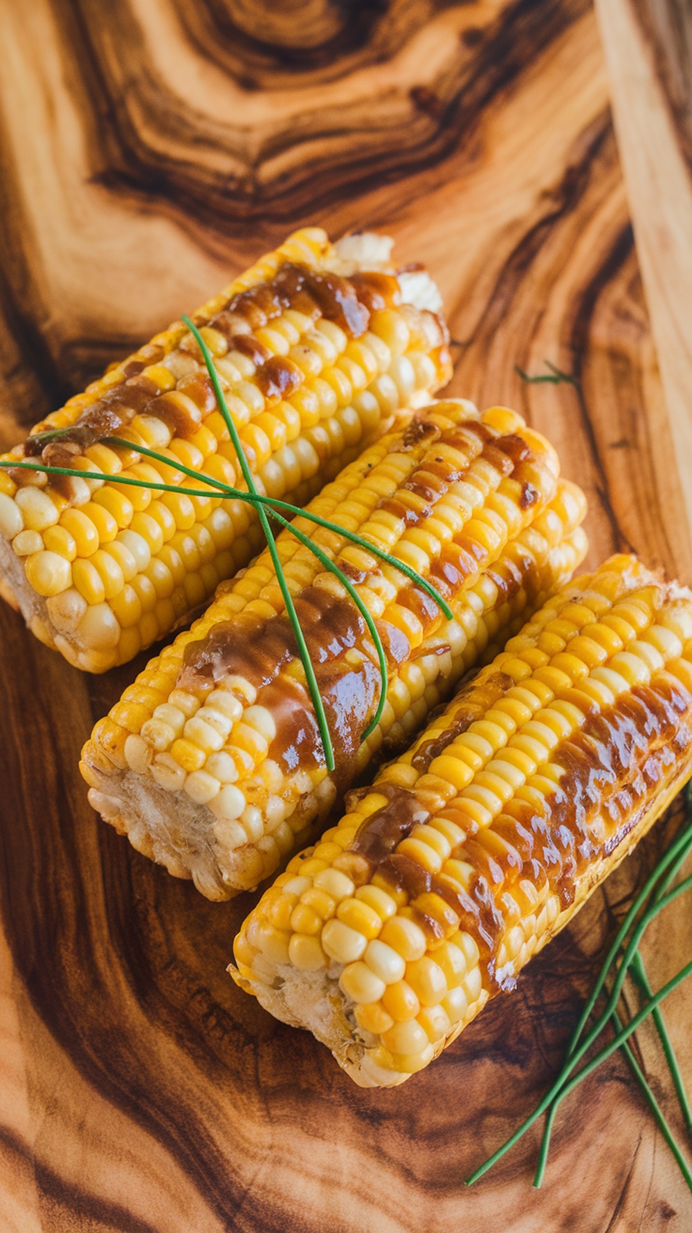 Grilled corn on the cob drizzled with maple mustard sauce and garnished with chives.