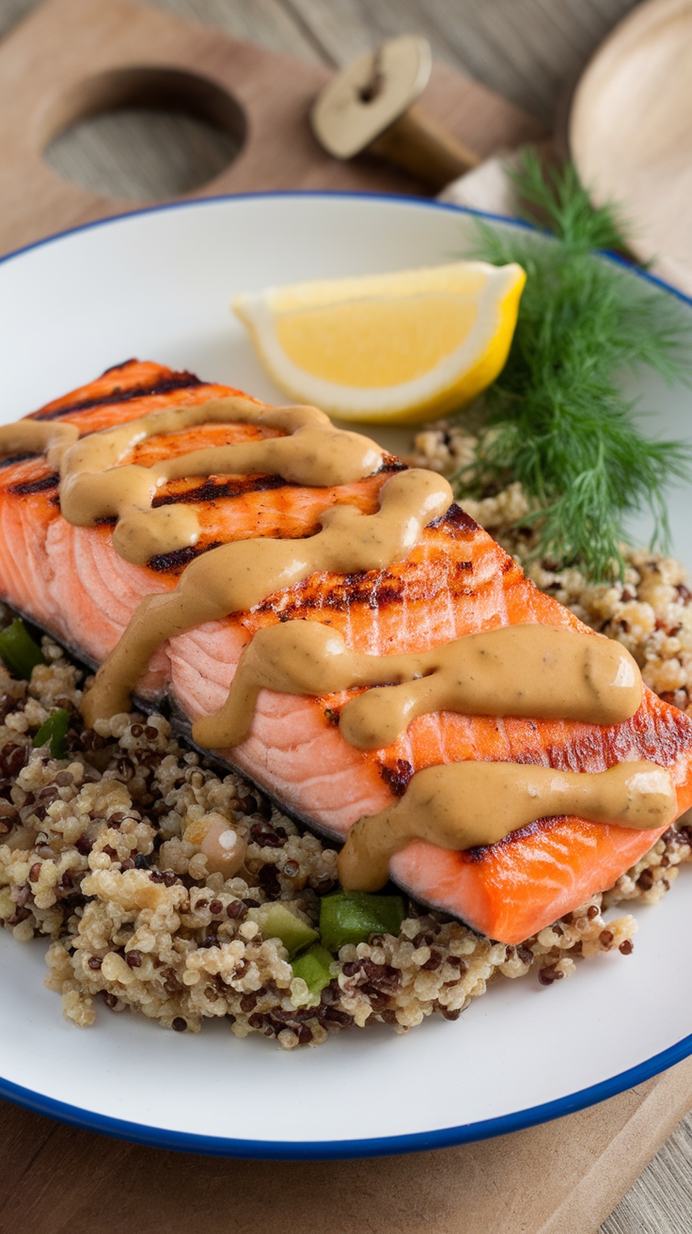 A plate of grilled salmon drizzled with maple mustard sauce, served on a bed of quinoa with a lemon wedge.
