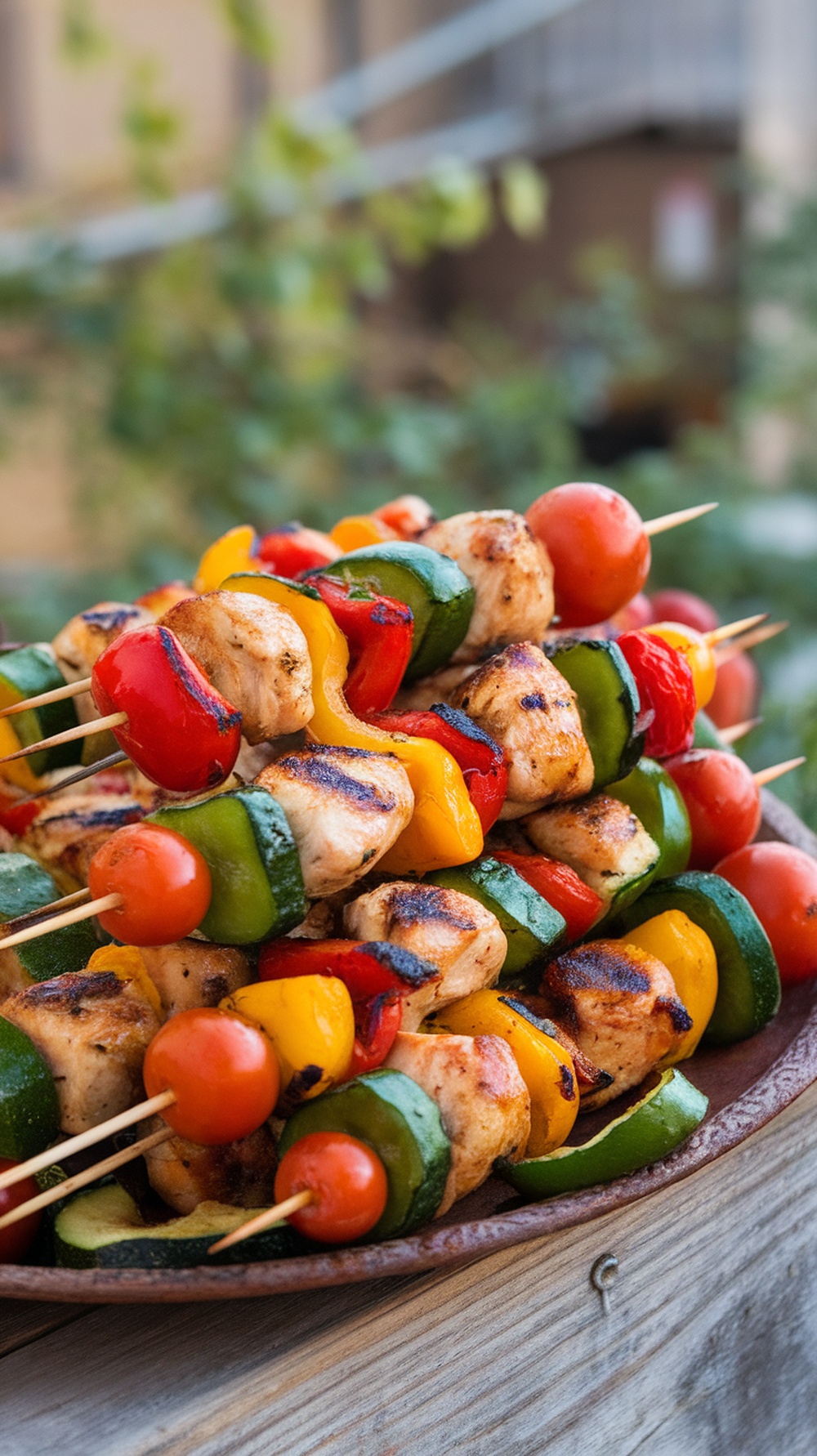 Mediterranean Chicken and Vegetable Kabobs stacked on a plate
