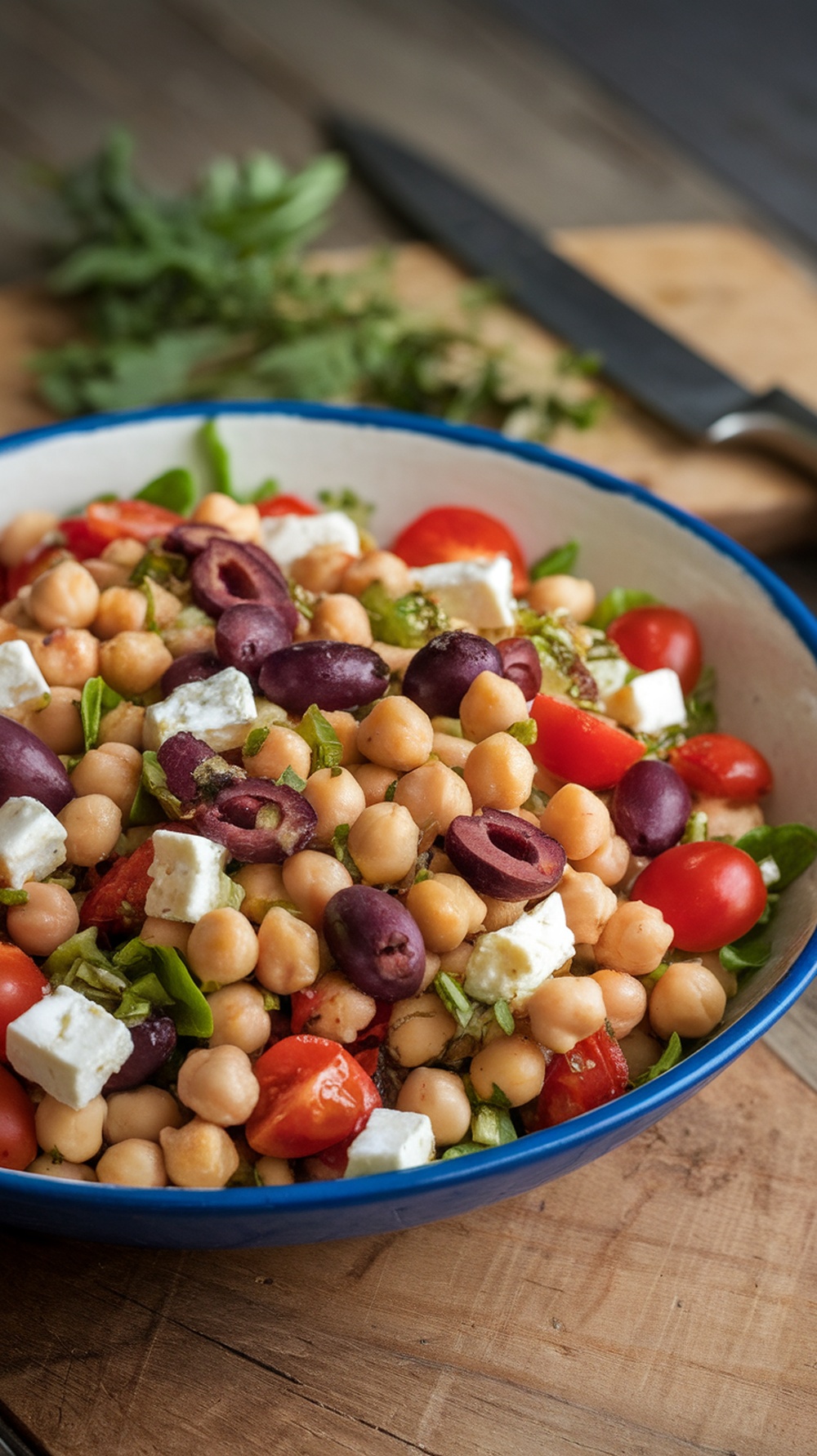 A colorful Mediterranean Chickpea Salad with feta cheese and olives in a bowl.