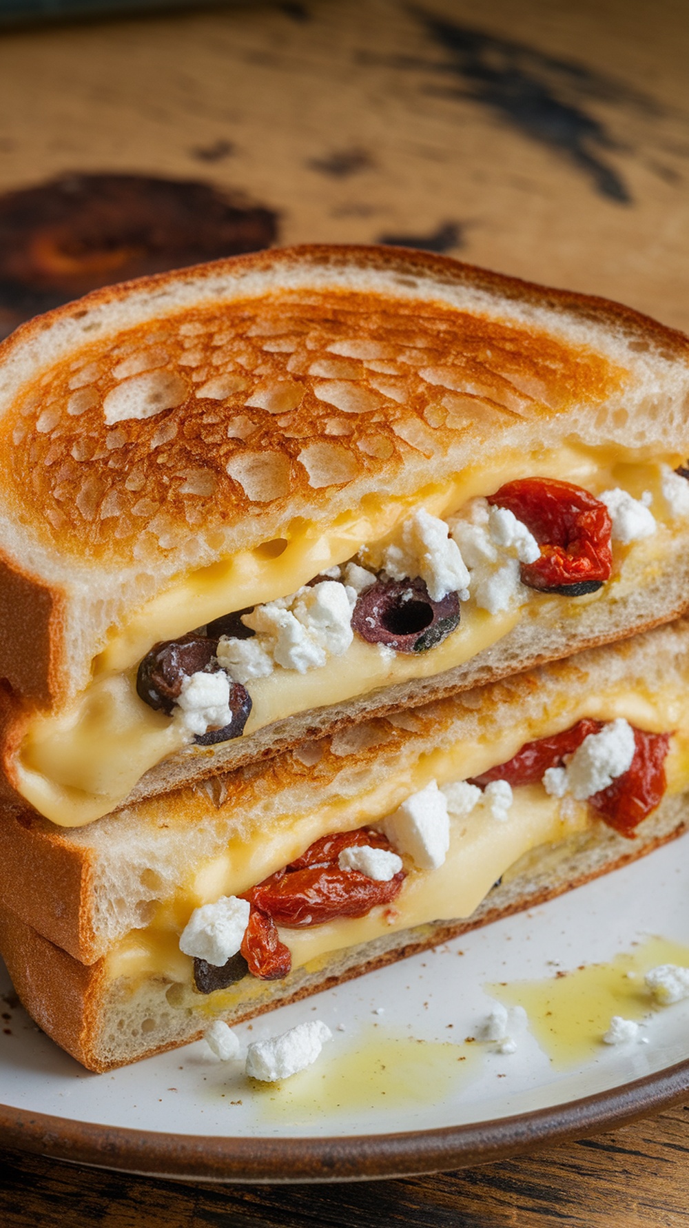 A delicious Mediterranean Feta and Olive Grilled Cheese sandwich, showcasing melted cheese, olives, and sun-dried tomatoes.
