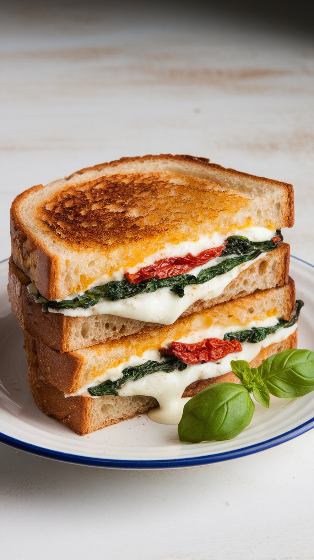 A delicious Mediterranean grilled cheese sandwich with feta, spinach, and sun-dried tomatoes, perfectly toasted.