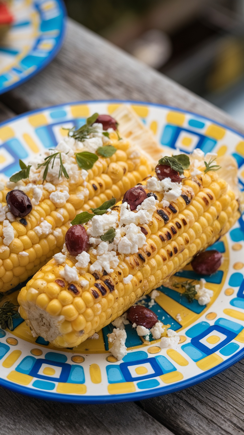 Mediterranean grilled corn on the cob topped with feta cheese and olives, served on a colorful plate.