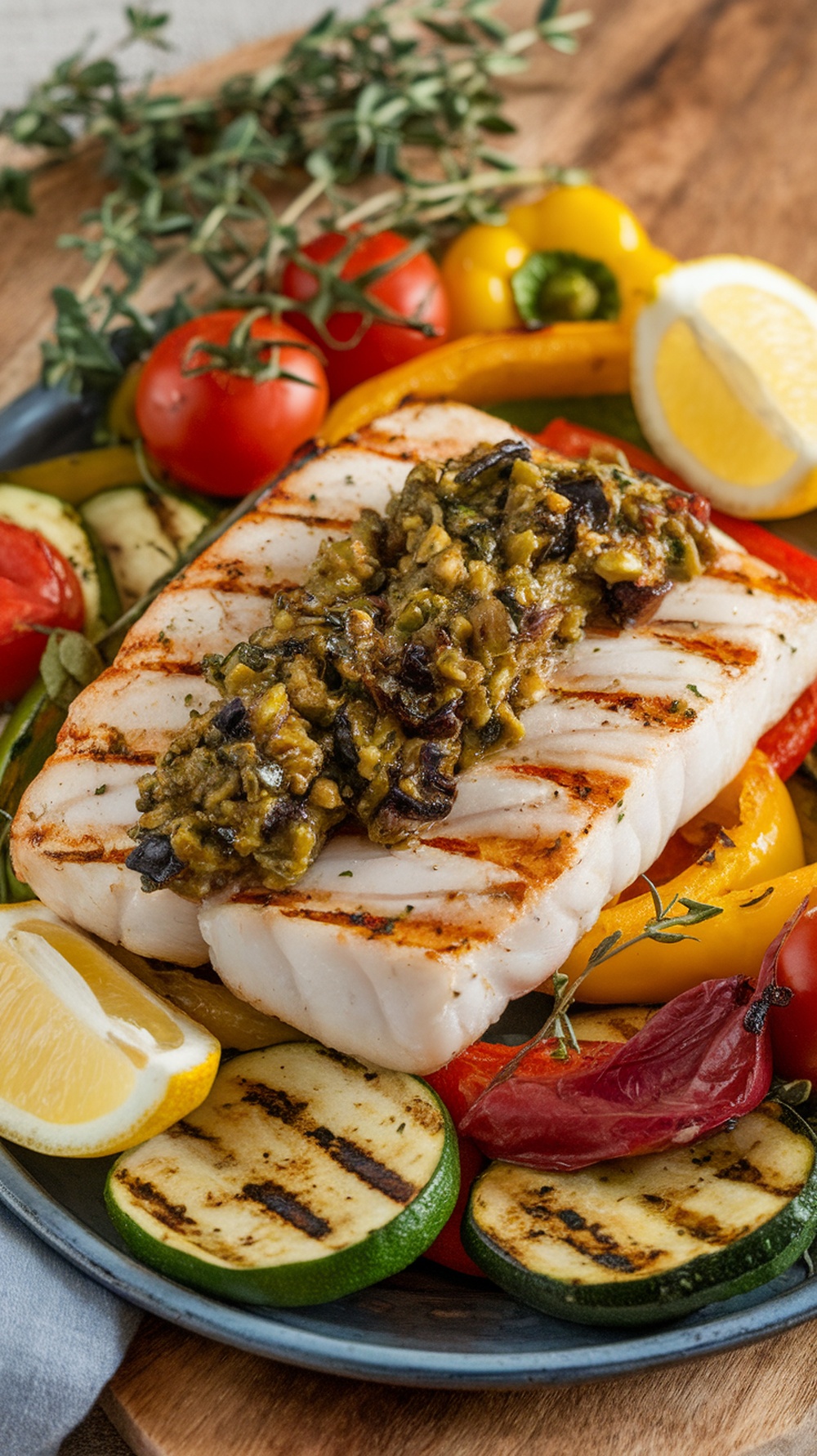 Grilled Mahi-Mahi fillet topped with olives, served with grilled vegetables and lemon slices.