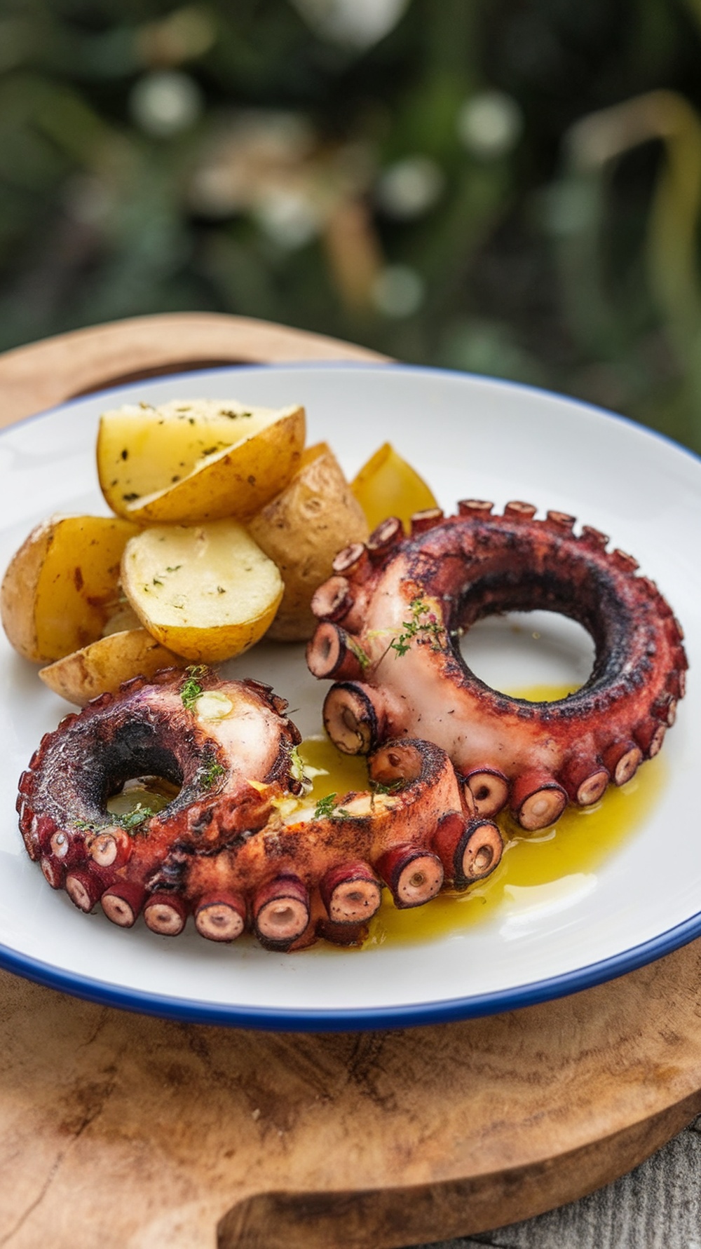 Grilled octopus served with roasted potatoes on a plate